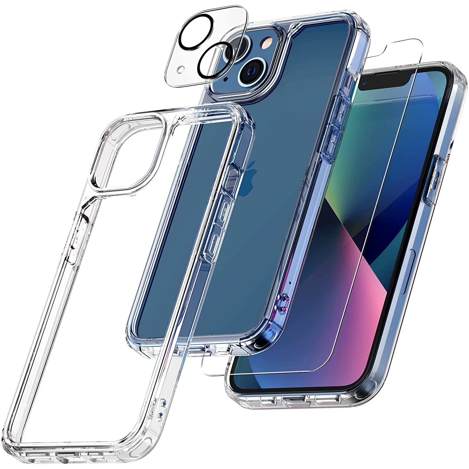 [5 in 1] Defender Designed for iPhone 13 Case 6.1 Inch, with 2 Pack Tempered Glass Screen Protector + 2 Pack Camera Lens Protector [Military Grade Protection] Shockproof Slim Thin