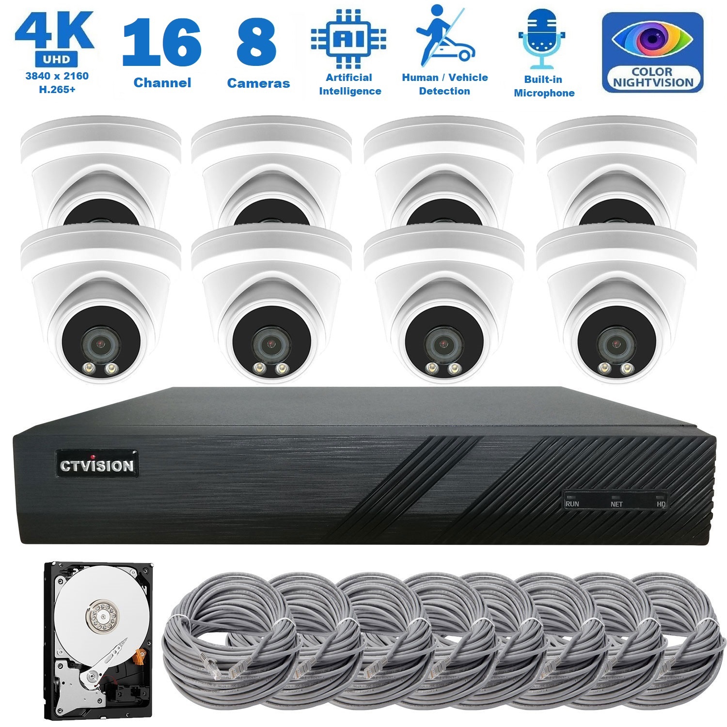 CTVISION Full Color Night Vision 4K Wired Audio Security Camera System, 8 Camera Surveillance Kit Outdoor DIY Audio 2TB HDD Included for Home