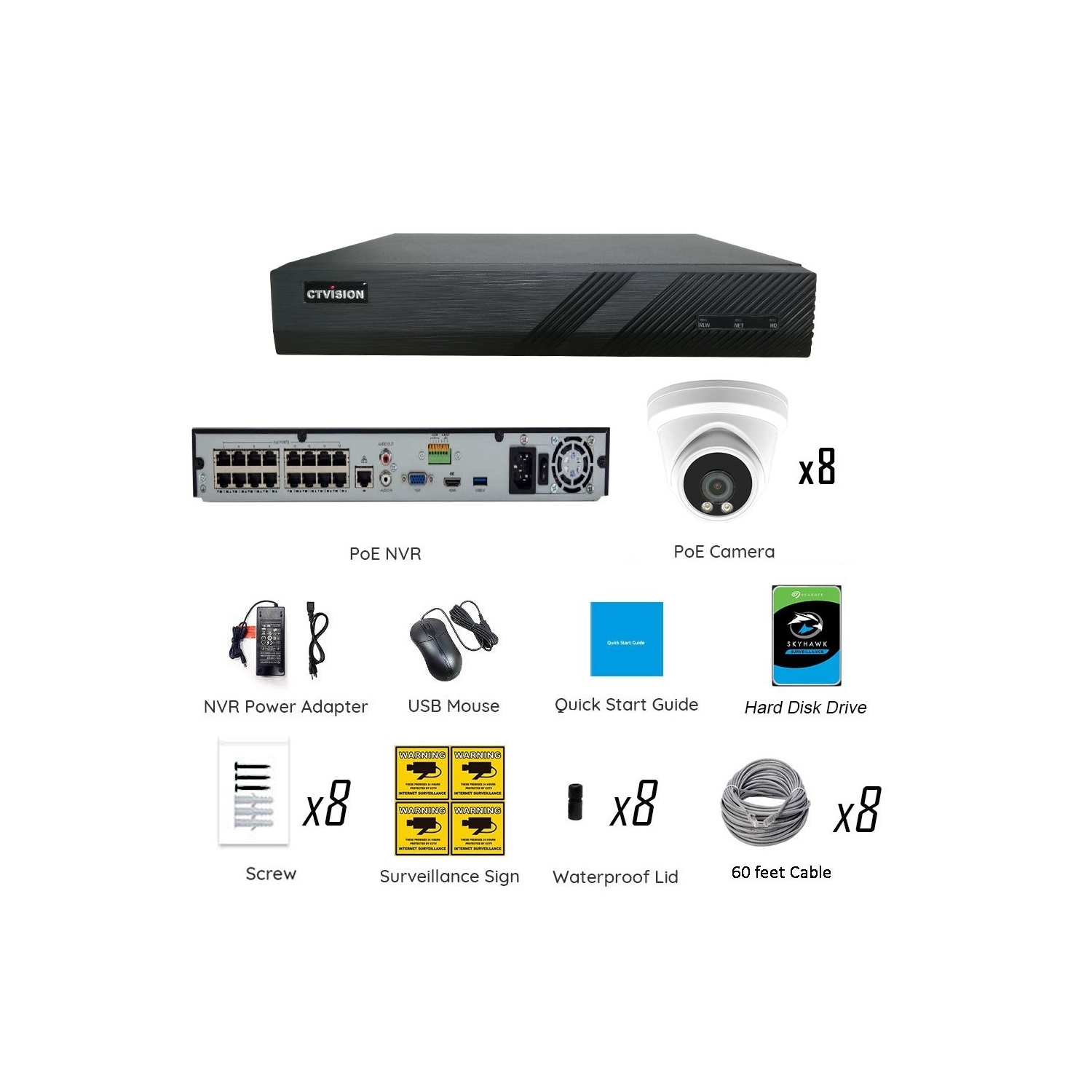 CTVISION Full Color Night Vision 4K Wired Audio Security Camera System, 8 Camera Surveillance Kit Outdoor DIY Audio 2TB HDD Included for Home