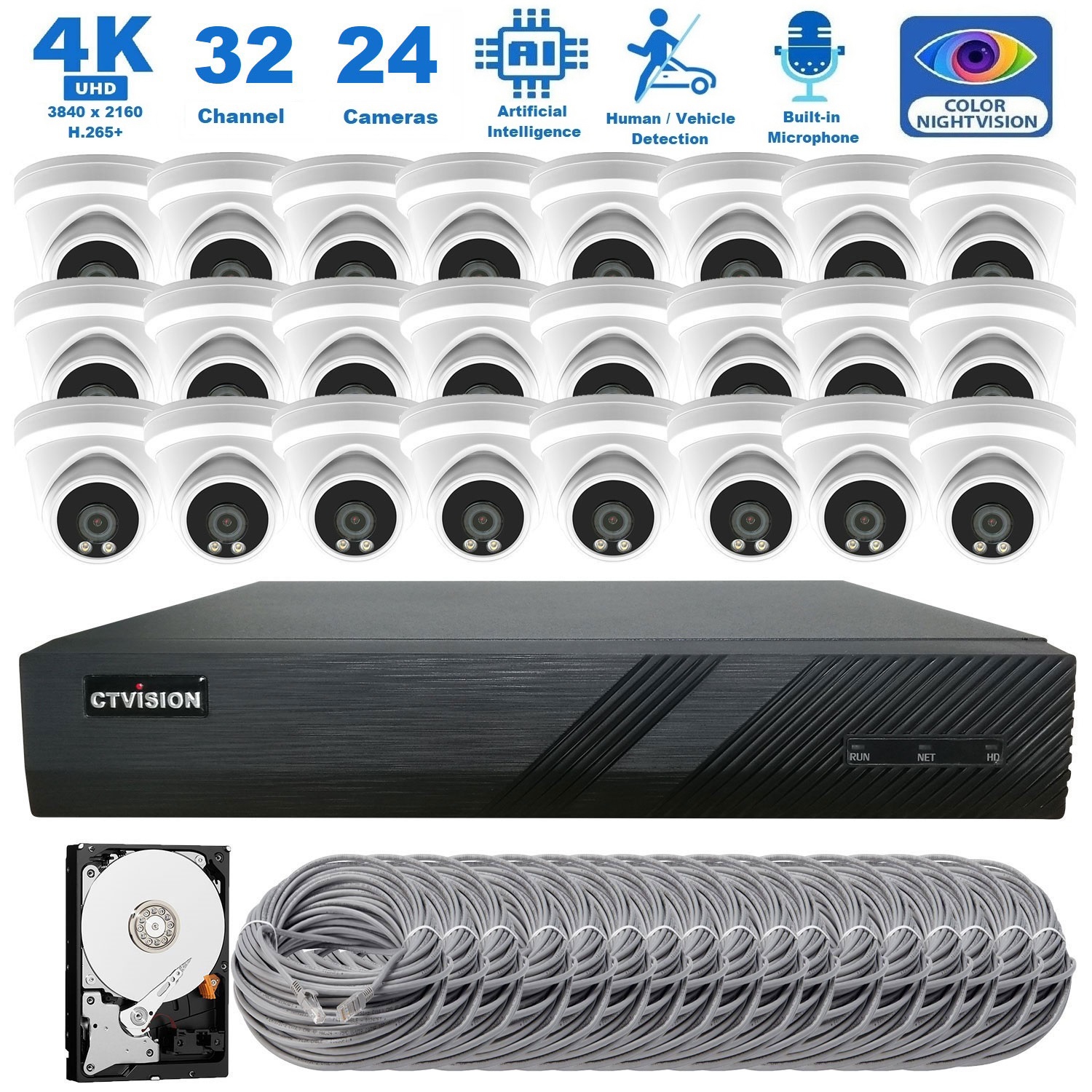 CTVISION Full Color Night Vision 4K Wired Audio Security Camera System, 24 Camera Surveillance Kit Outdoor DIY Audio 8TB HDD Included for Home