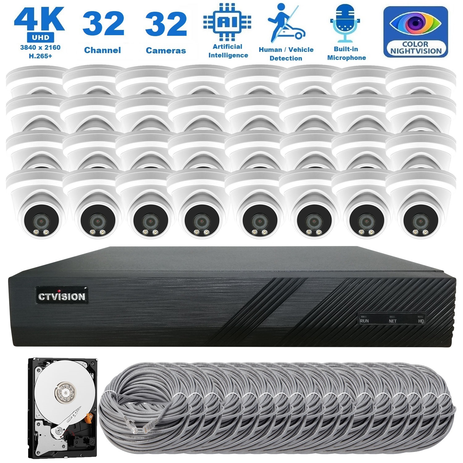 CTVISION Full Color Night Vision 4K Wired Audio Security Camera System, 32 Camera Surveillance Kit Outdoor DIY Audio 8TB HDD Included for Home Business Security Camera System