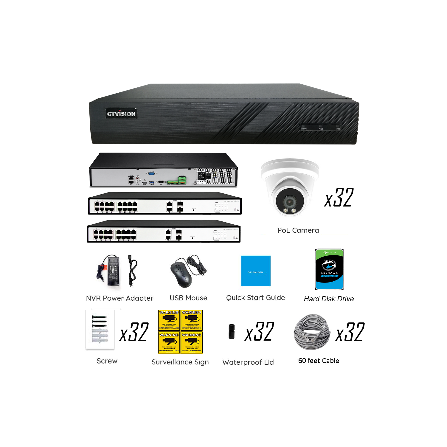 CTVISION Full Color Night Vision 4K Wired Audio Security Camera System, 32 Camera Surveillance Kit Outdoor DIY Audio 8TB HDD Included for Home