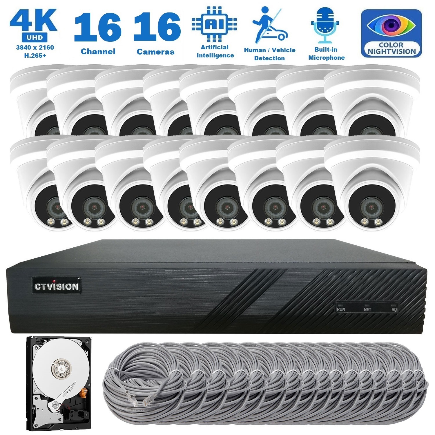 CTVISION Full Color Night Vision 4K Wired Audio Security Camera System, 16 Camera Surveillance Kit Outdoor DIY Audio 2TB HDD Included for Home Business Security Camera System