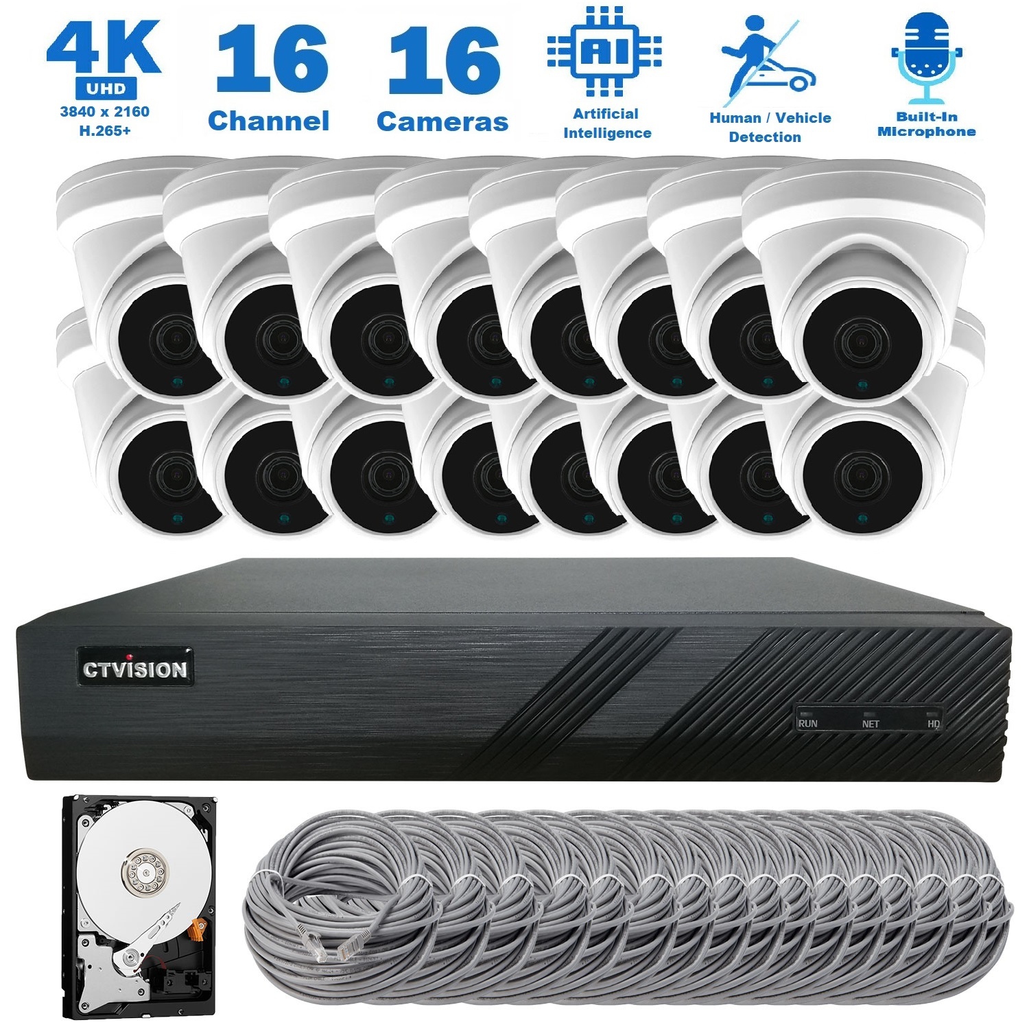 CTVISION 4K Wired Audio Security Camera System, 16 Camera Surveillance Kit Outdoor DIY Audio 2TB HDD Included for Home Business Security Camera System