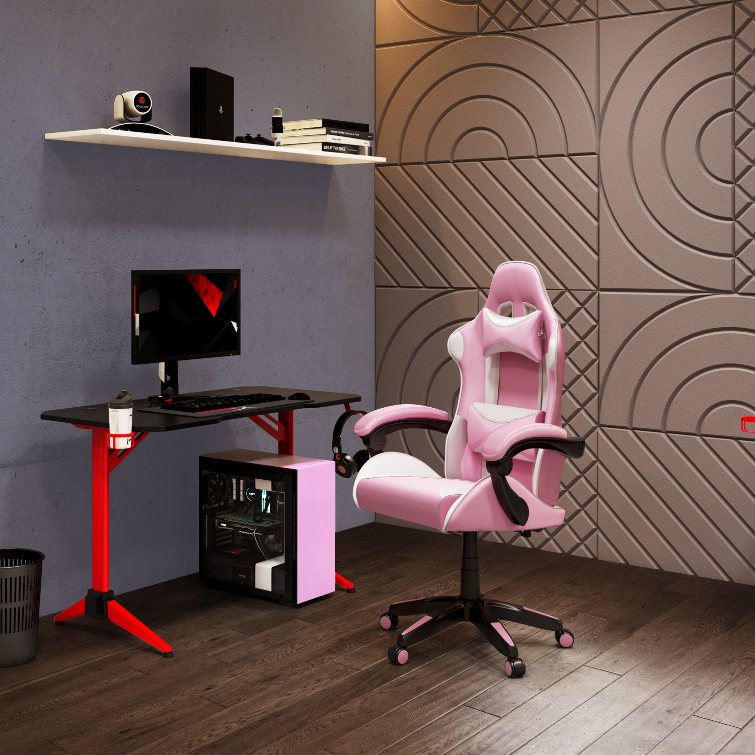 CorLiving Ravagers Comfortable Ergonomic Adjustable Gaming Chair, Pink and White