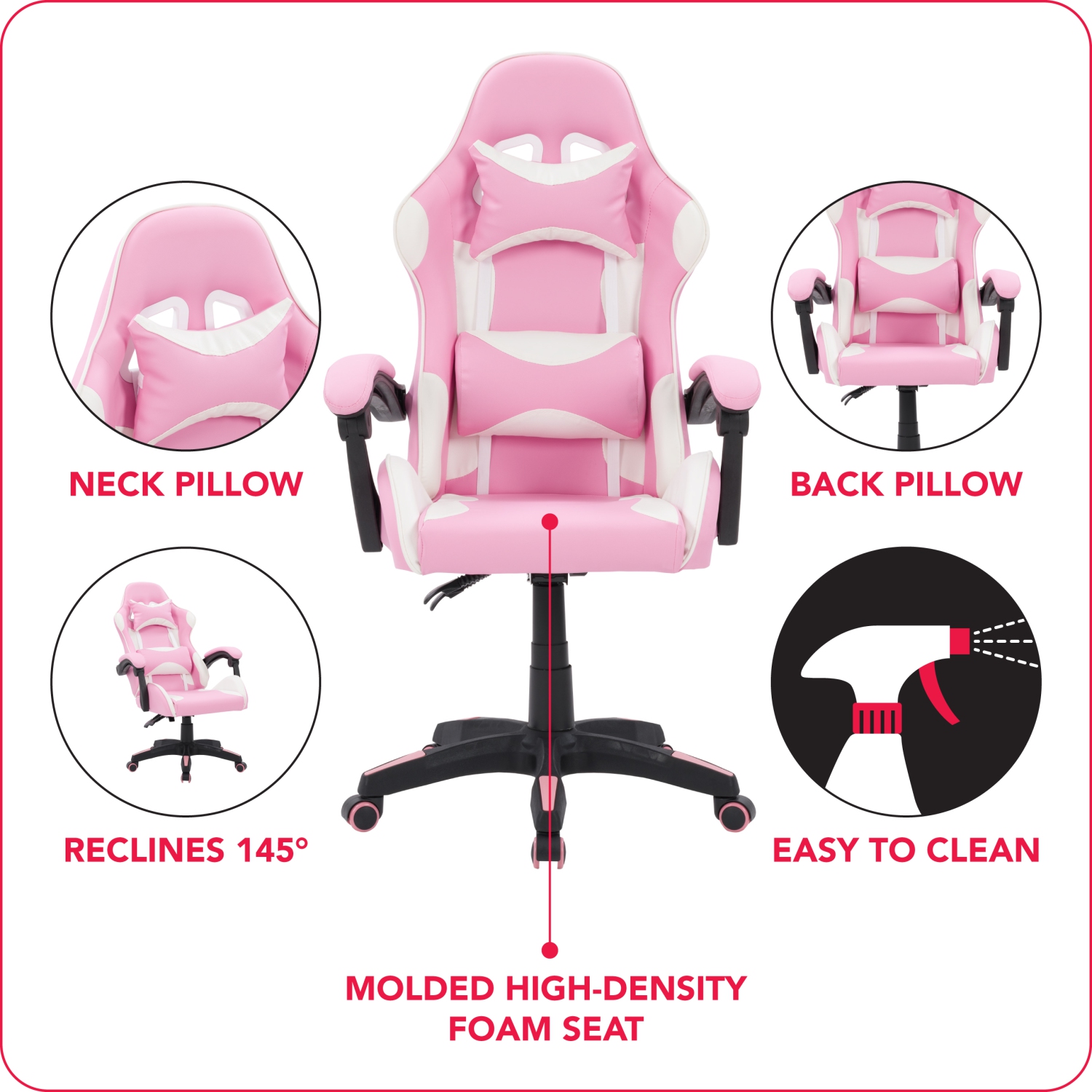 CorLiving Ravagers Comfortable Ergonomic Adjustable Gaming Chair, Pink and White