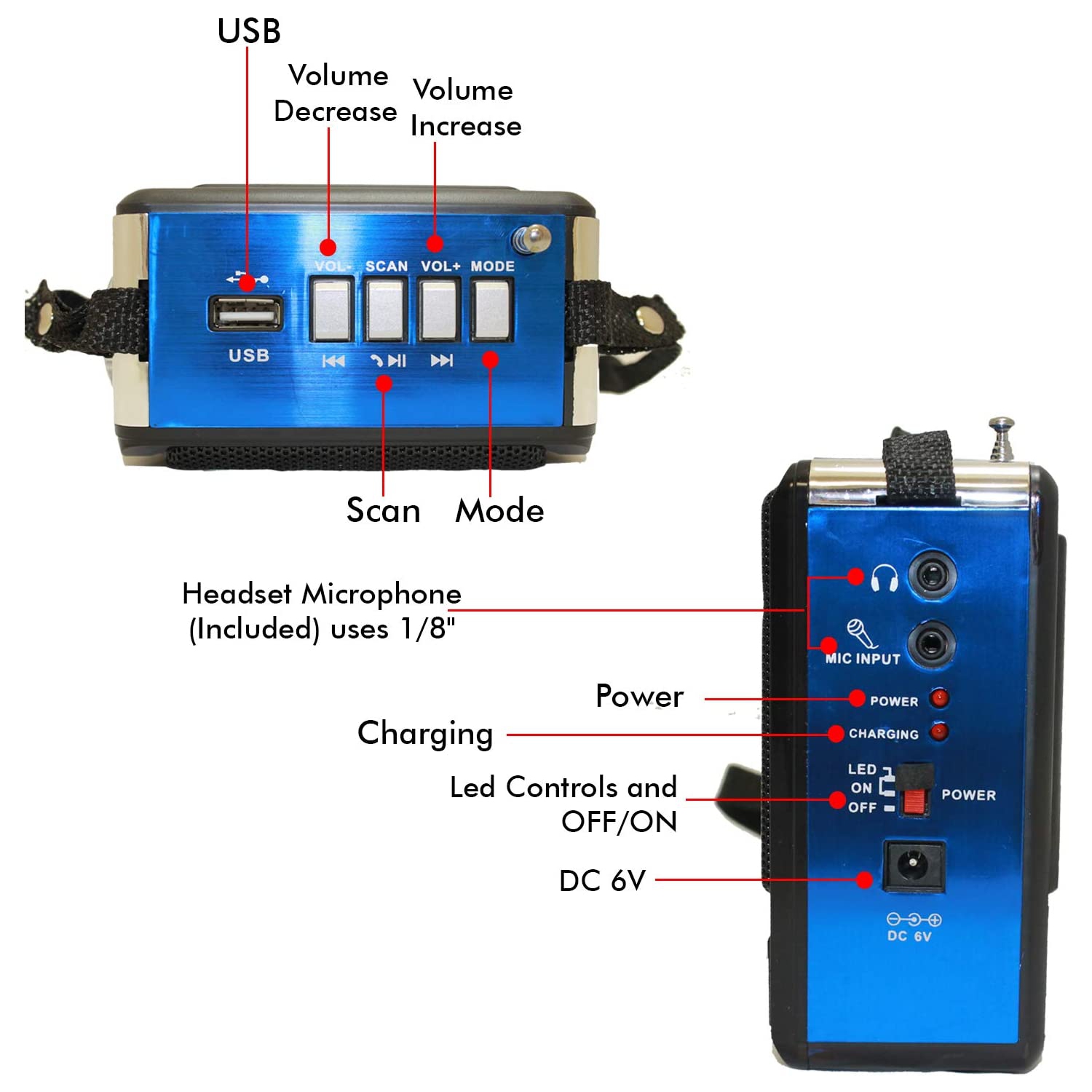 Technical Pro WASP100 Rechargeable Bluetooth Speaker with Wired Headset Mic & LED Torch Light, 100 Watts, 3 Inch Woofer, Shoulder Strap