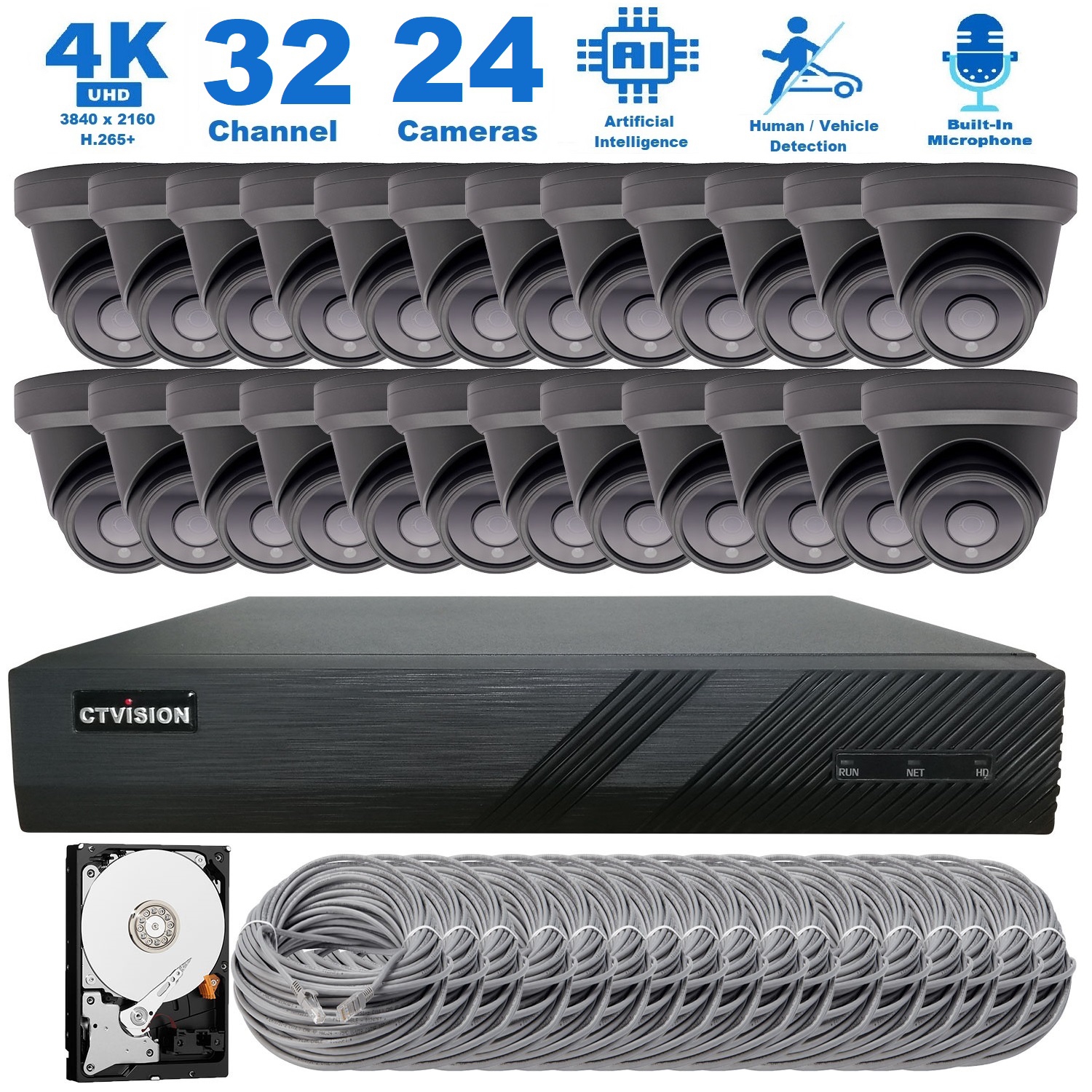 CTVISION 4K Wired Audio Security Camera System, 24 Camera Surveillance Kit Outdoor DIY Audio 8TB HDD Included for Home Business Security Camera System