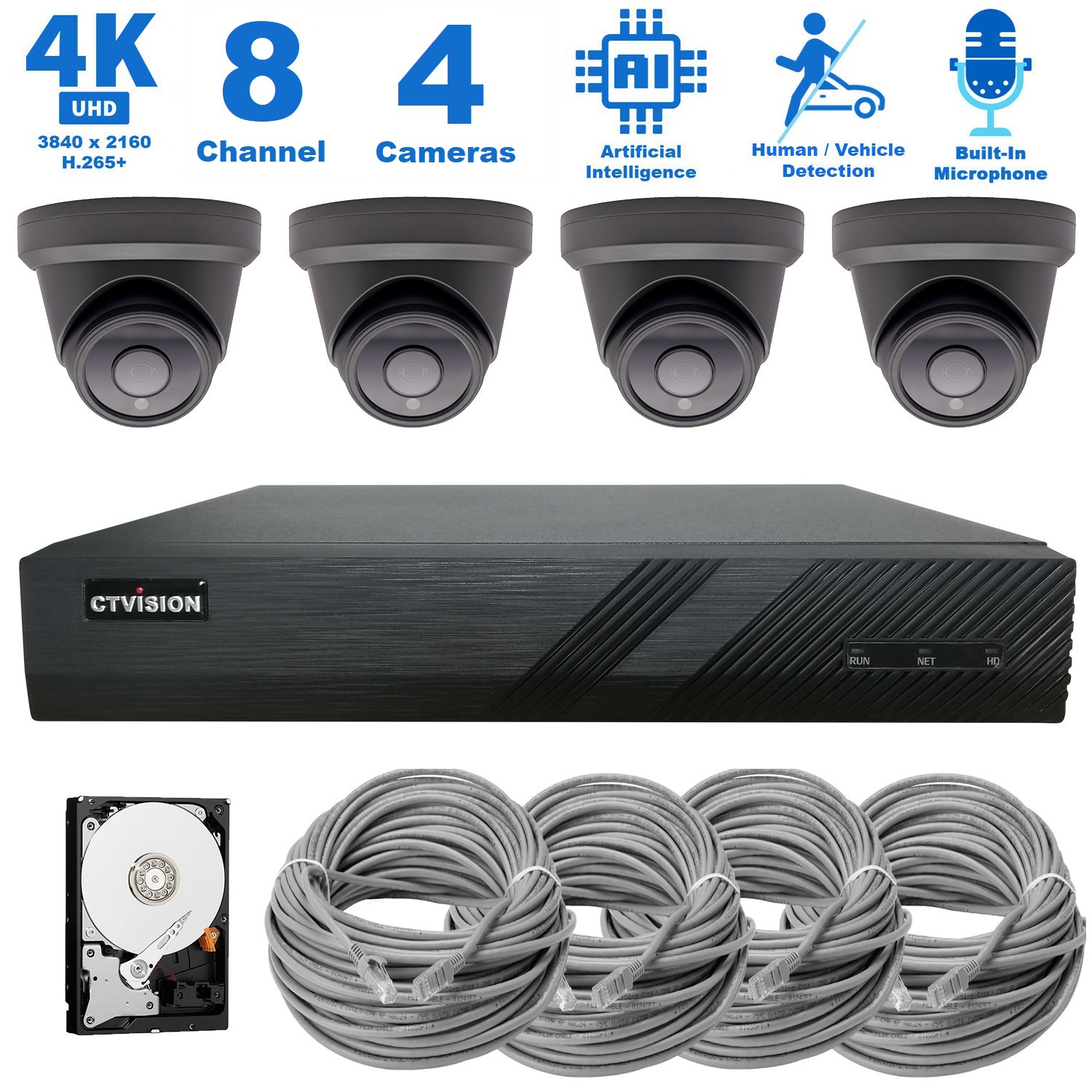 CTVISION 4K Wired Audio Security Camera System, 4 Camera Surveillance Kit Outdoor DIY Audio 2TB HDD Included for Home Business Security Camera System
