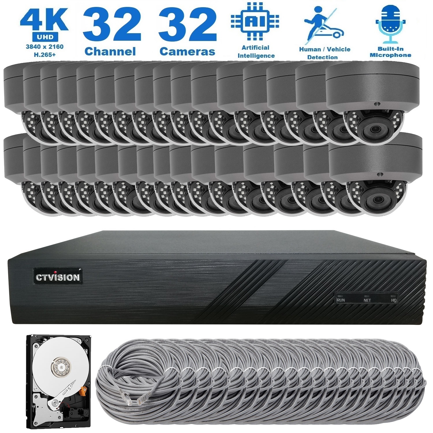 CTVISION 4K Wired Audio Security Camera System, 32-Camera Surveillance Kit Outdoor DIY Audio 8TB HDD, Home Business Security Camera System