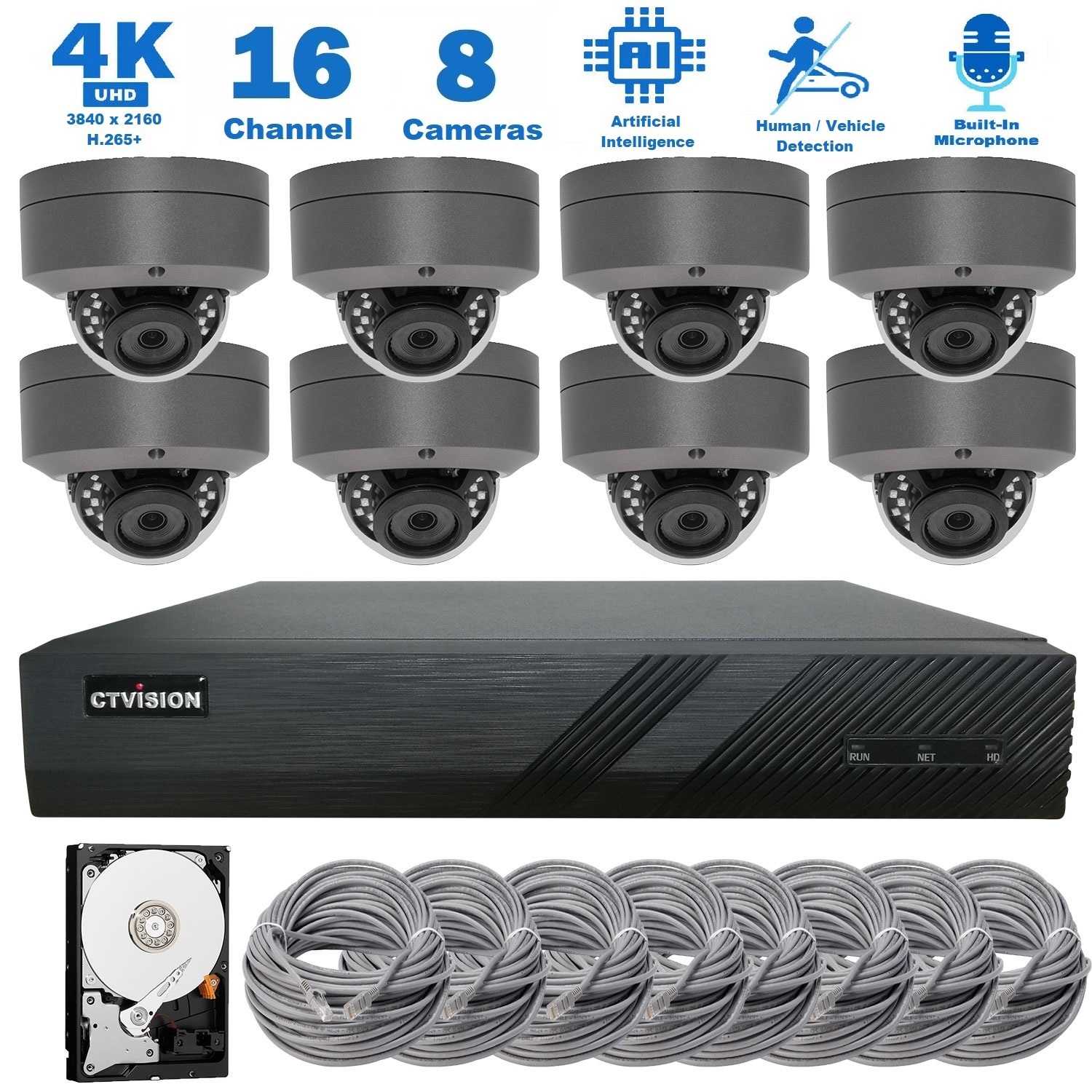 CTVISION 4K Wired Audio Security Camera System, 8-Camera Surveillance Kit Outdoor DIY Audio 2TB HDD, Home Business Security Camera System