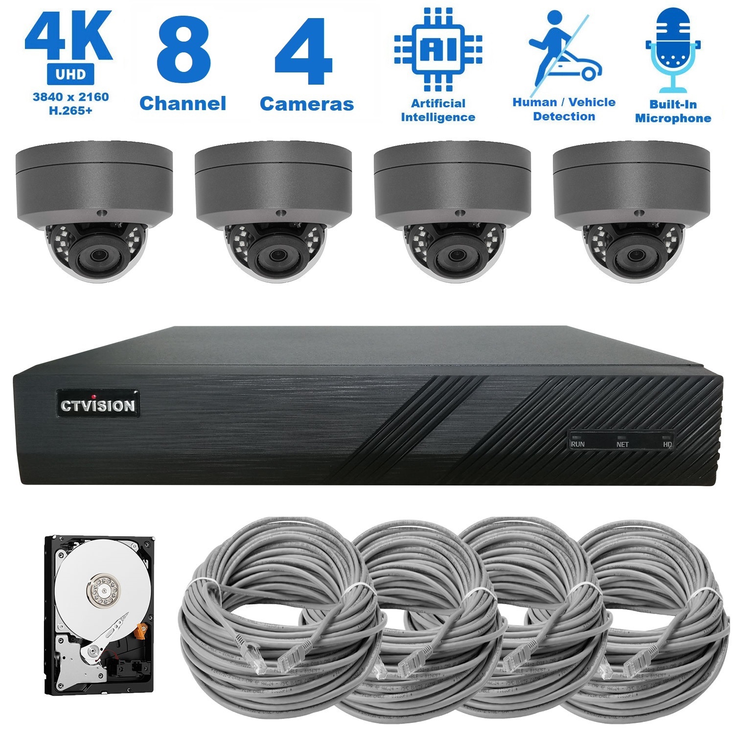 CTVISION 4K Wired Audio Security Camera System, 4-Camera Surveillance Kit Outdoor DIY Audio 2TB HDD, Home Business Security Camera System