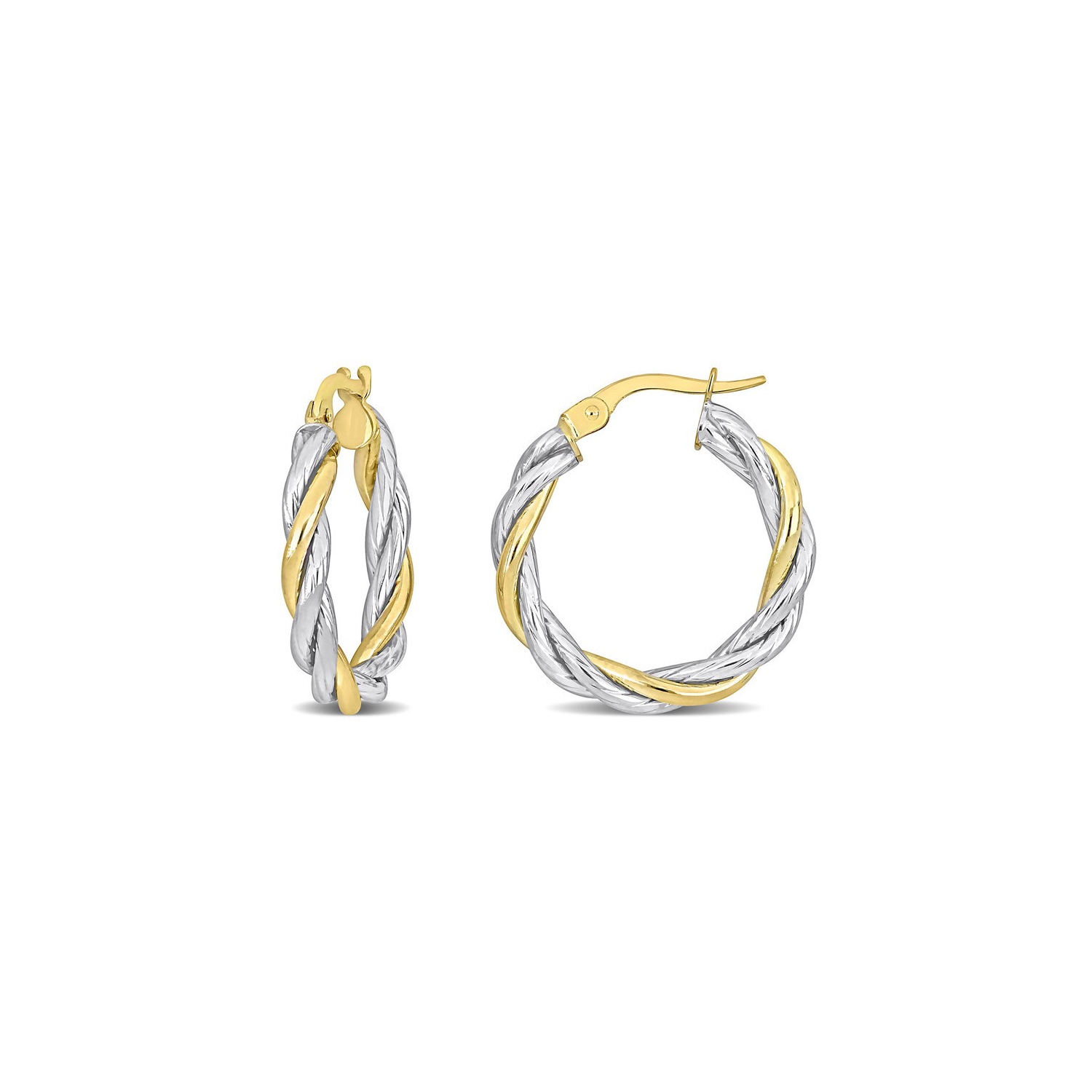 10K Yellow and White Gold Twisted Hoop Earrings