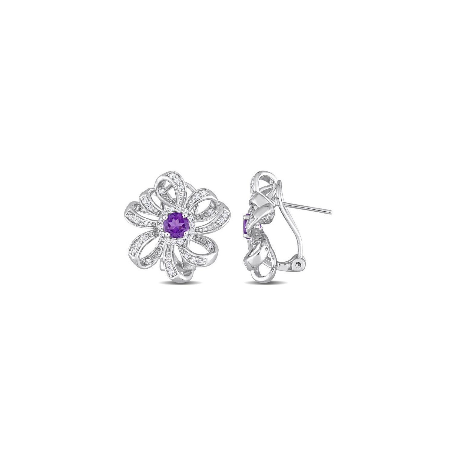 1.60 Carat African Amethyst & White Topaz Flower Earrings in Sterling Silver