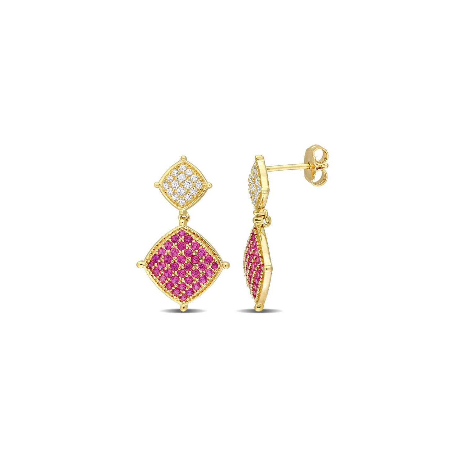 1.75 Carat Lab-Created Ruby and White Sapphire Dangle Earrings in Yellow Plated Sterling Silver