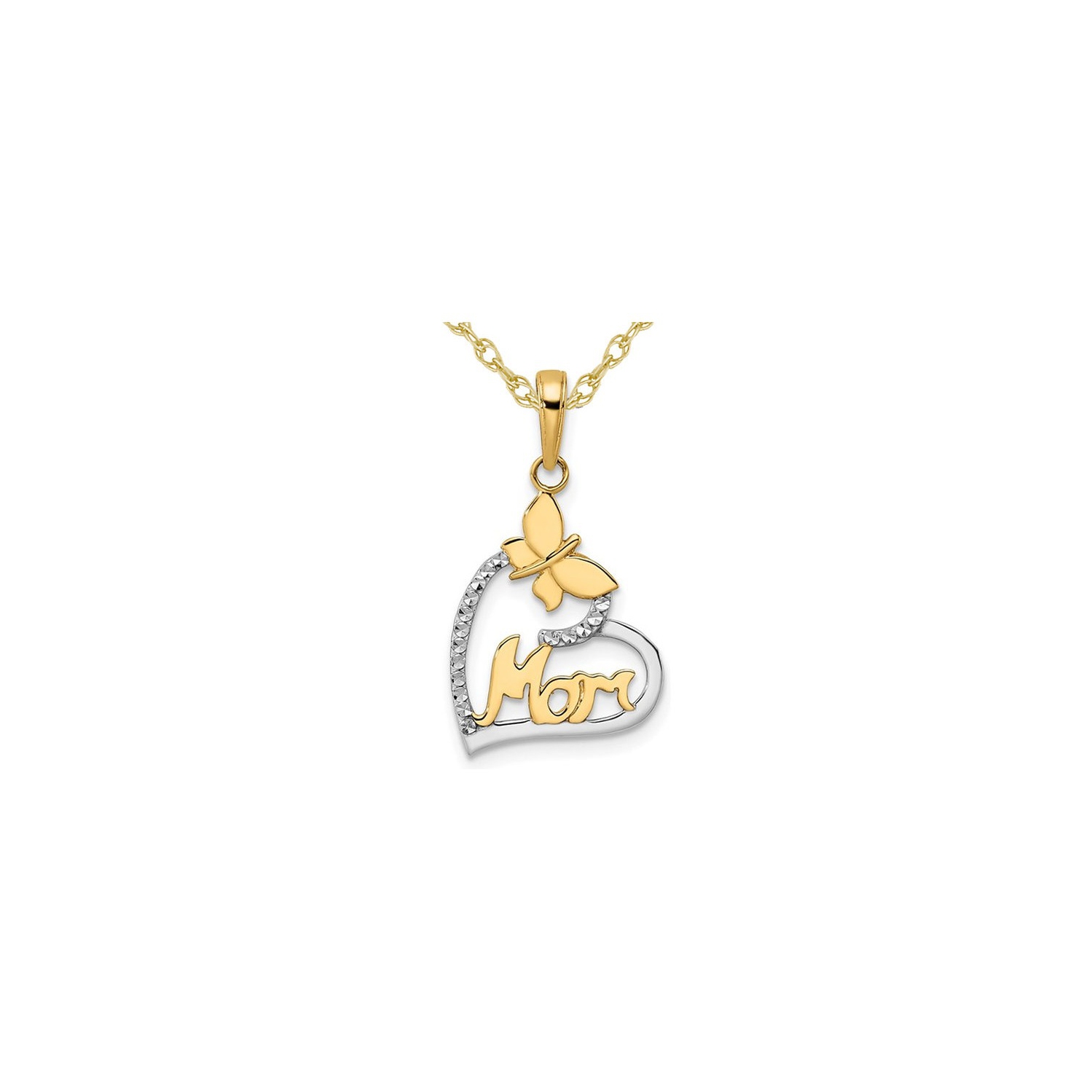Coeur de maman avec collier pendentif papillon en or 14k jaune avec chaîne