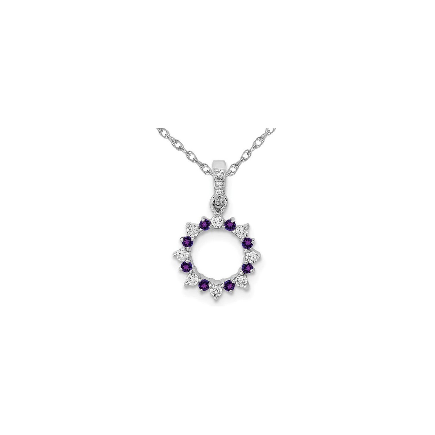 1/12 Carat Amethyst Circle Pendant Necklace in 14K White Gold with Diamonds