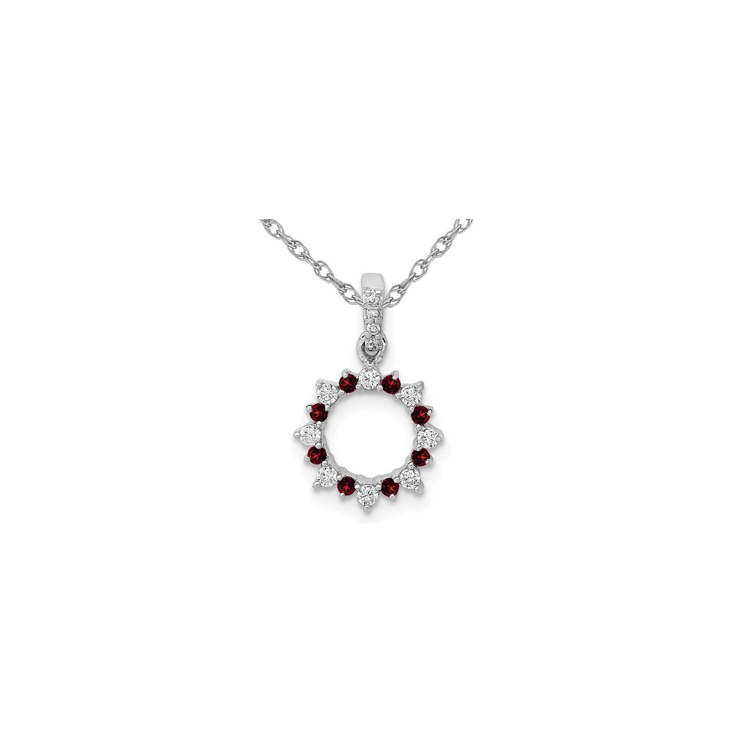 1/12 Carat Garnet Circle Pendant Necklace in 14K White Gold with Diamonds