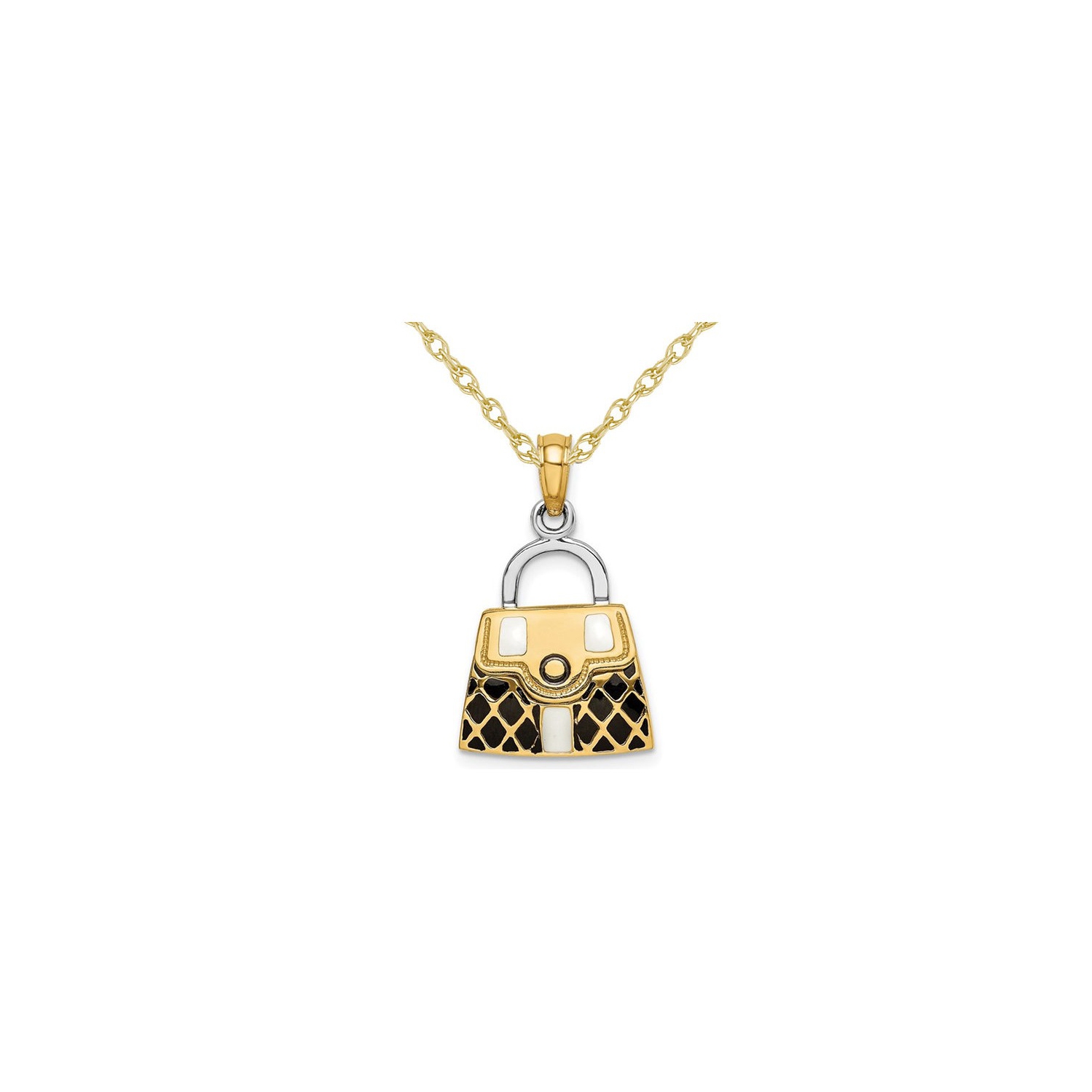14K Yellow Gold Black Enameled Handbag Charm Pendant Necklace with Chain