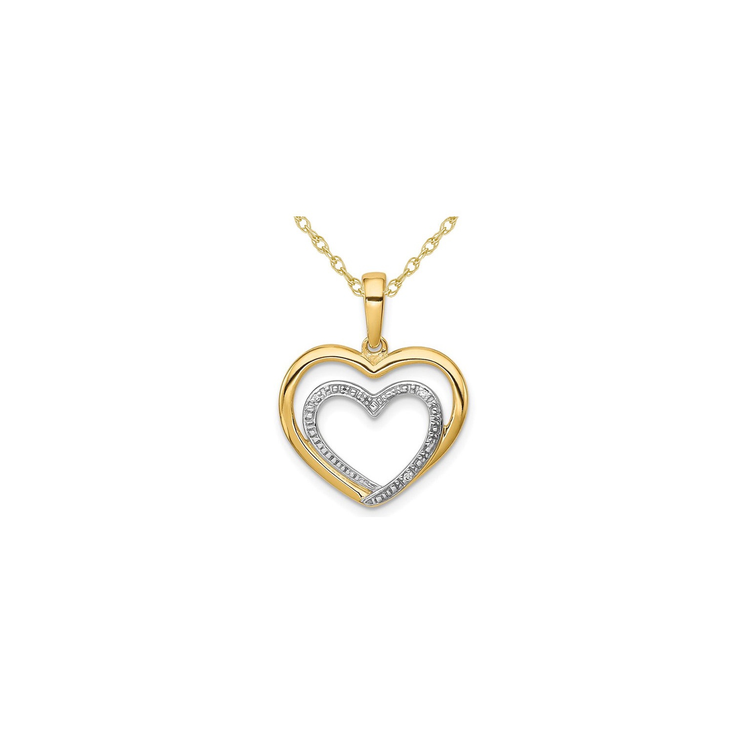 14K Yellow and White Gold Double Heart Pendant Necklace with