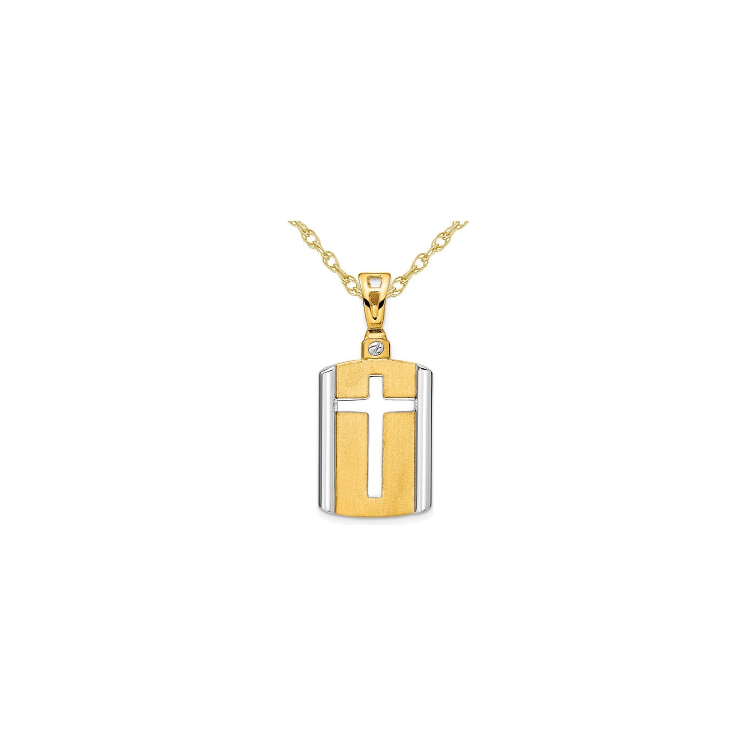 Mens 14K Yellow and White Gold Cross DogTag Pendant Necklace with Chain