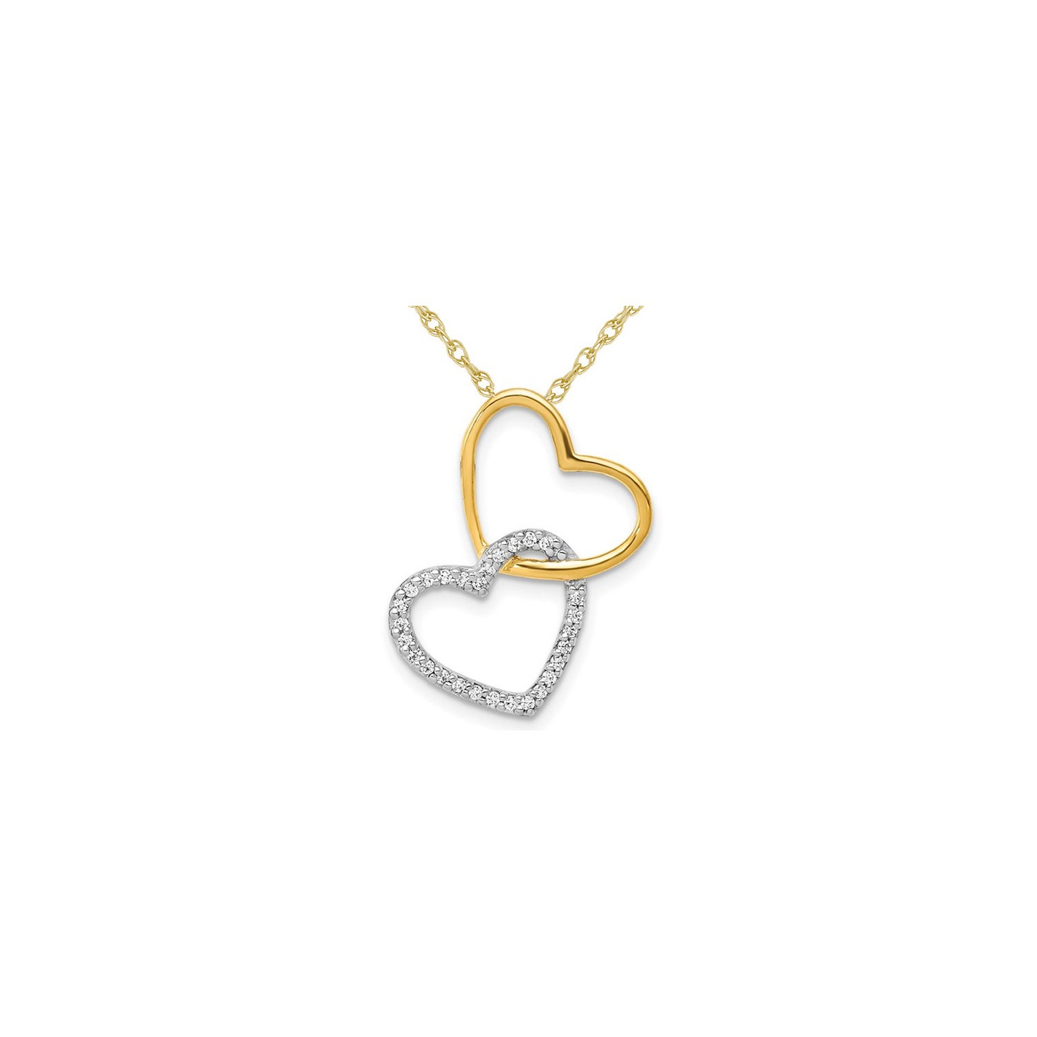 Collier pendentif double cœur en 14 carats en or jaune et blanc avec une chaîne et un accent de diamant.