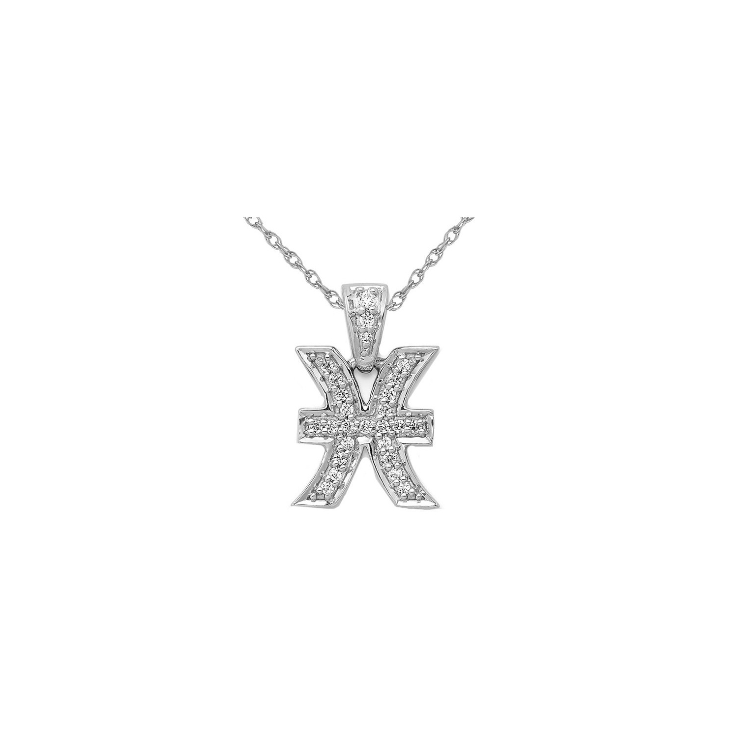 1/10 Carat Diamond PISCES Charm Astrology Zodiac Pendant Necklace in 14K White Gold with Chain