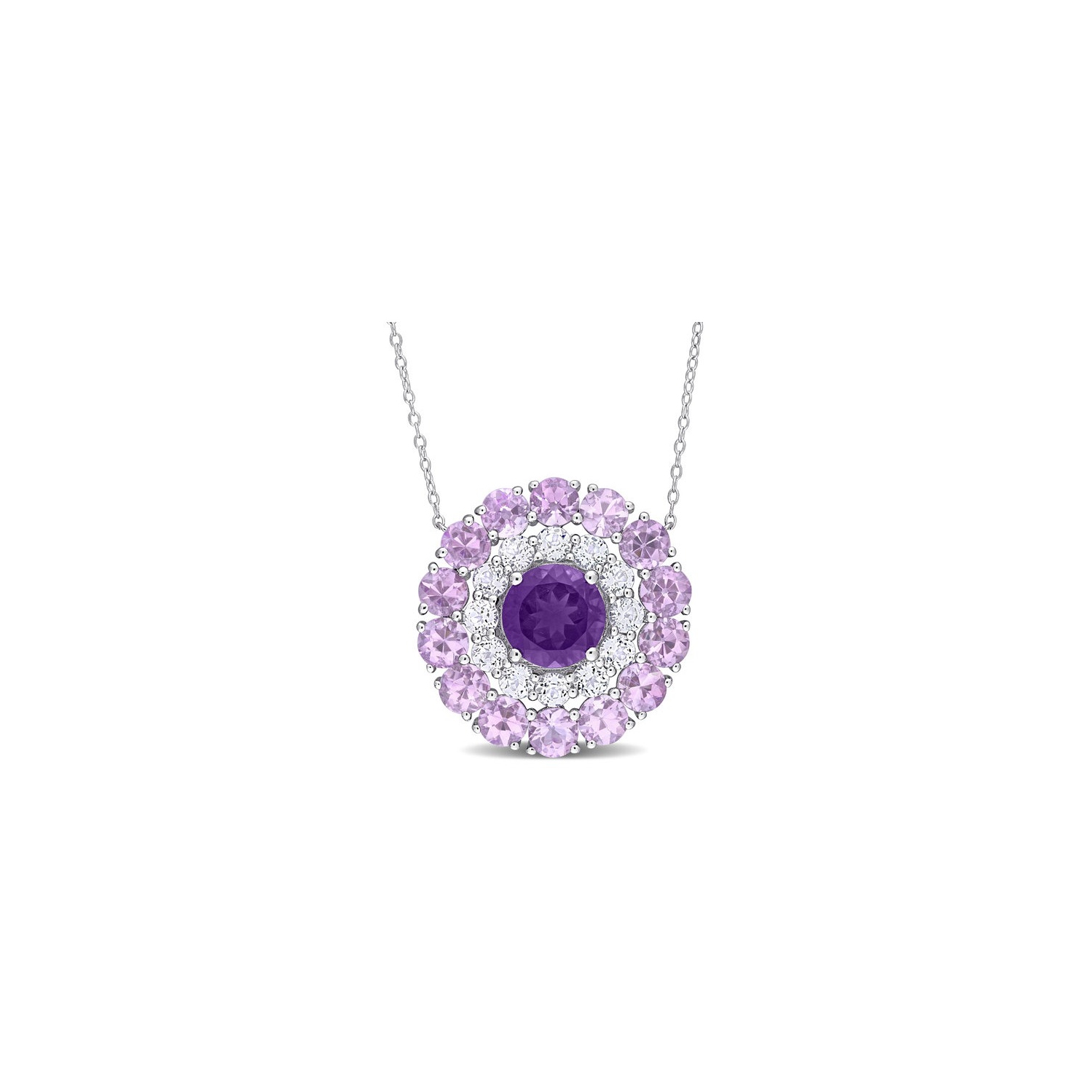 11.0 Carat African Amethyst and White Topaz Halo Pendant Necklace in Sterling Silver with Chain