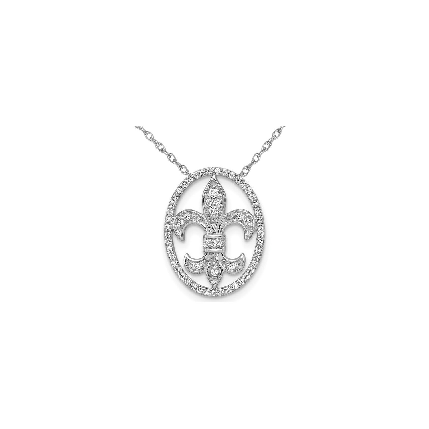 1/5 Carat Diamond Fleur De Lis Oval Pendant Necklace in 14k White Gold with Chain