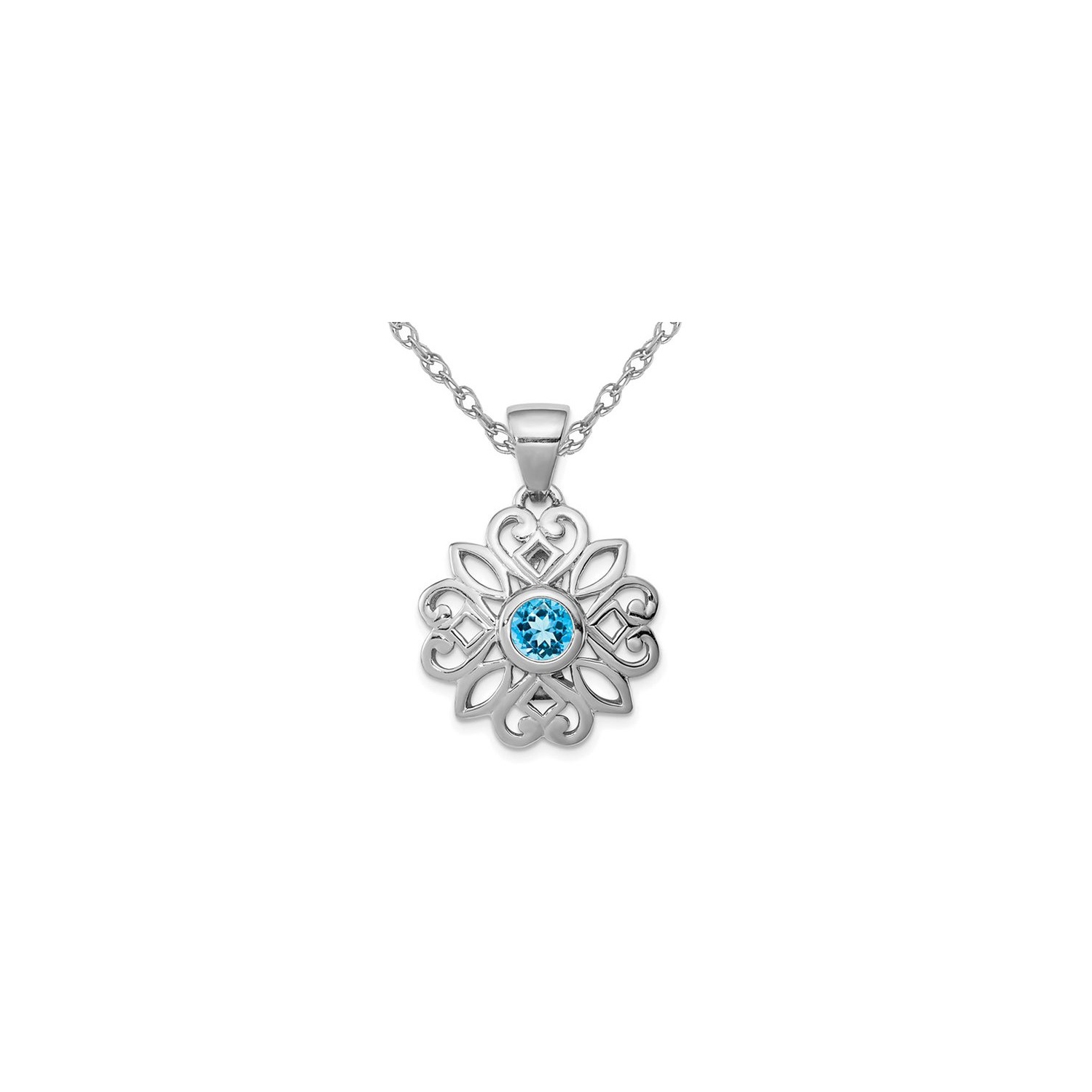 1/5 Carat Blue Topaz Flower Pendant Necklace in Sterling Silver with Chain