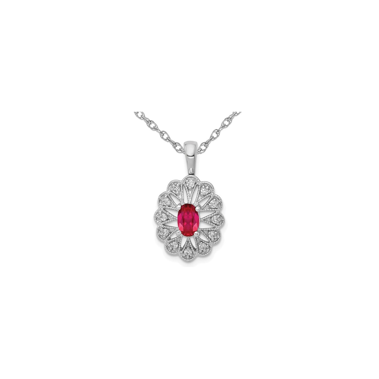 7/10 Carat Collier pendentif ruby ​​en or blanc 14 carats avec diamants et chaîne
