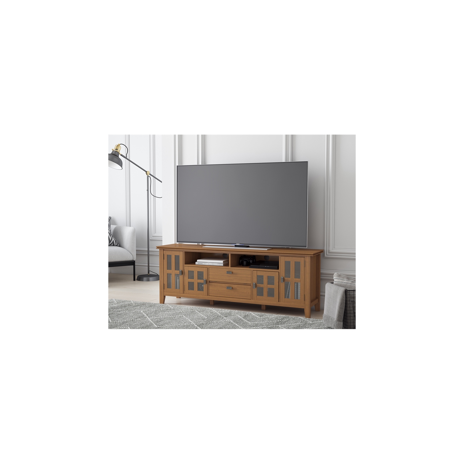 Simpli Home Artisan Wood 72" Transitional TV Media Stand in Honey Brown For TVs up to 80"