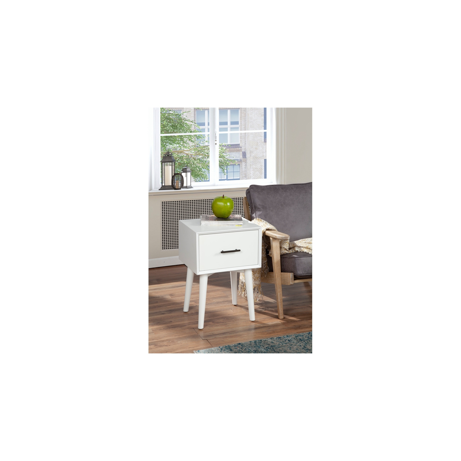 Alpine Furniture Flynn Wood 1 Drawer End Table in White