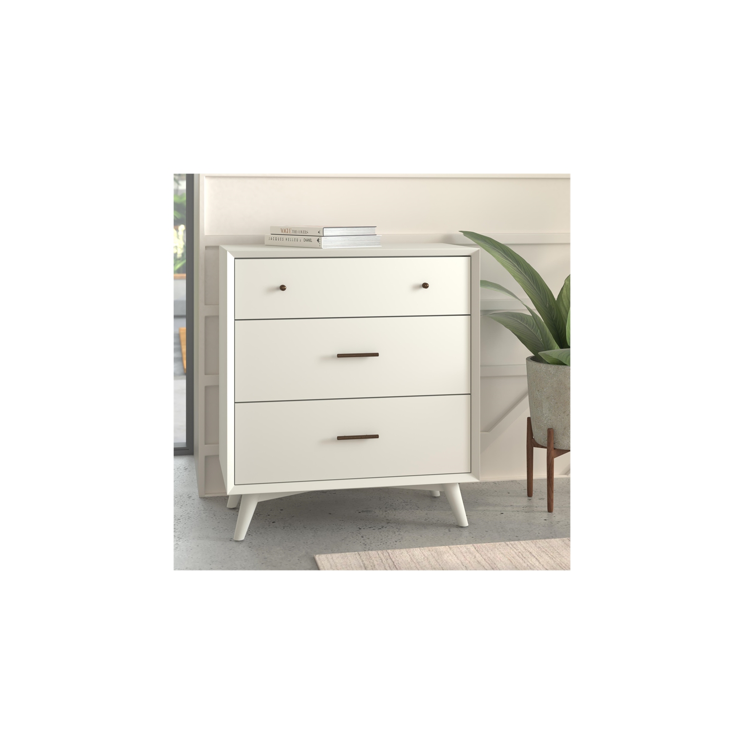 Alpine Furniture Flynn Mid Century Modern Wood 3 Drawer Small Chest in White