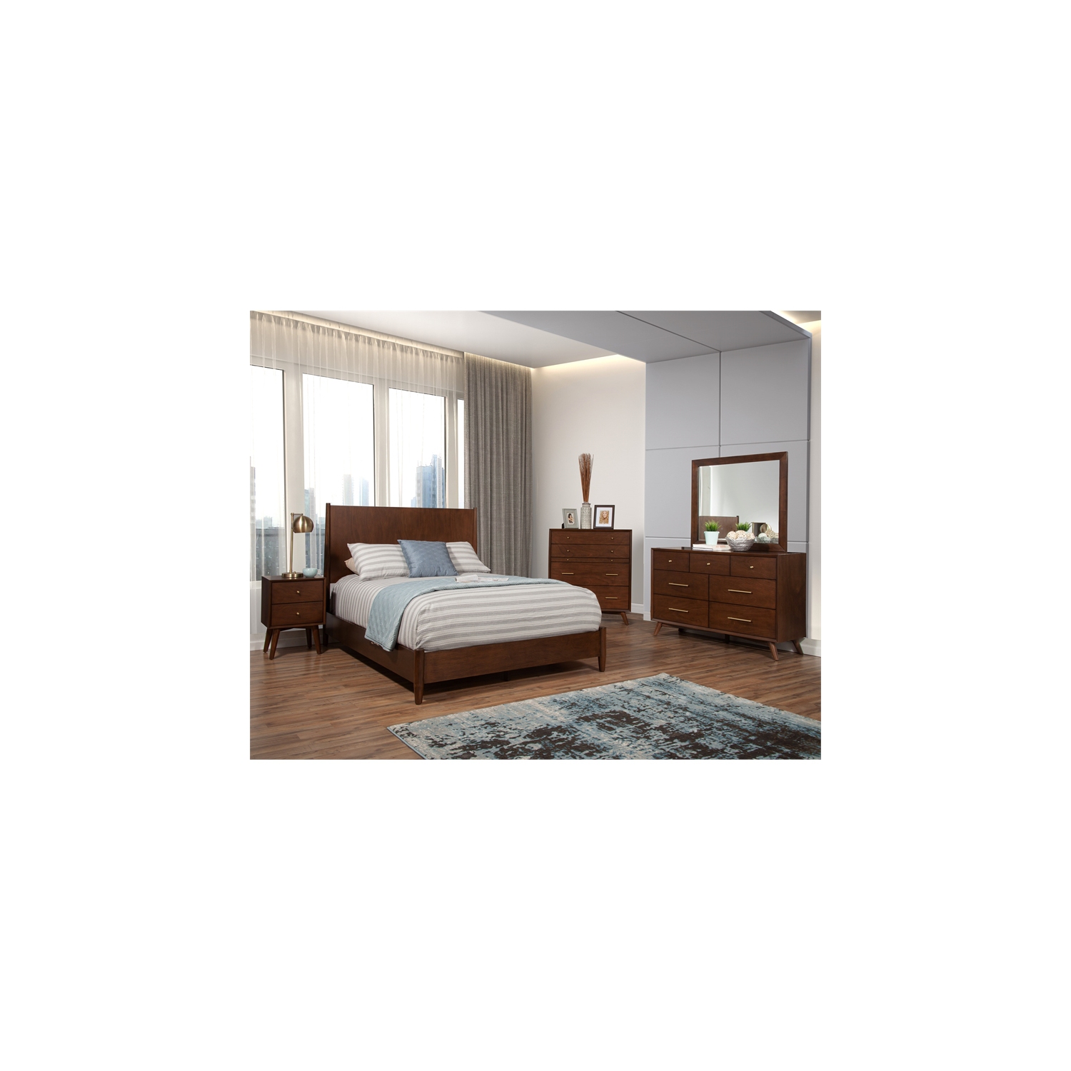 Alpine Furniture Flynn Mid Century Wood 2 Drawer Nightstand in Walnut