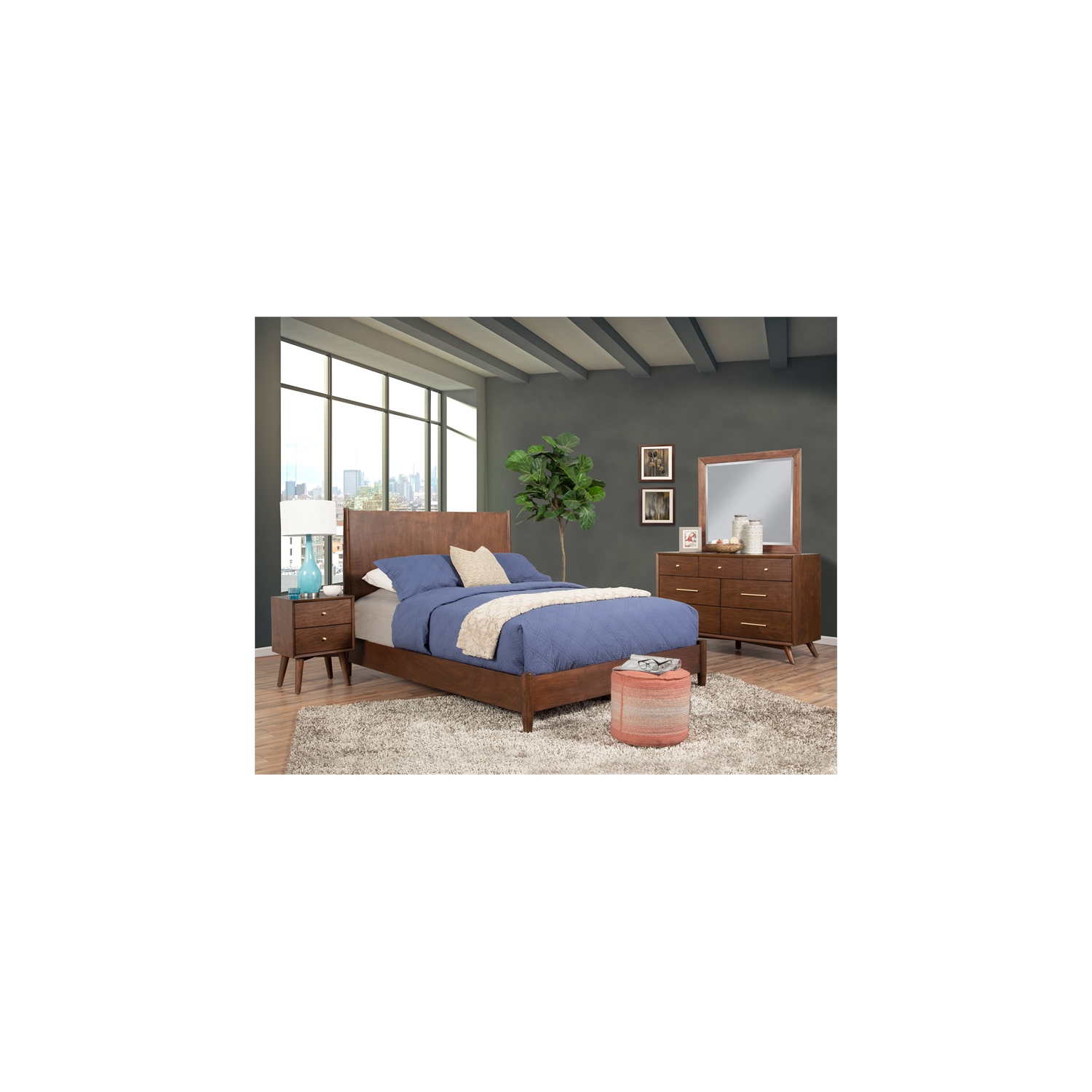 Alpine Furniture Flynn Mid Century Wood 2 Drawer Nightstand in Walnut