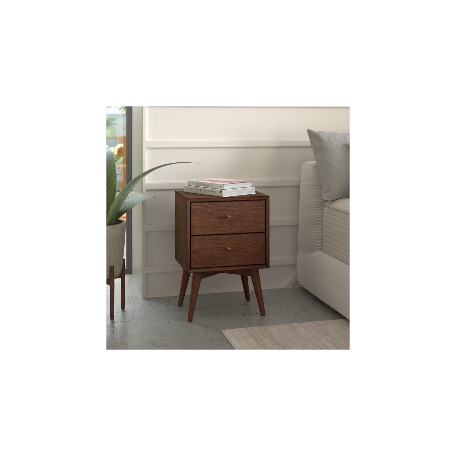 Alpine Furniture Flynn Mid Century Wood 2 Drawer Nightstand in Walnut