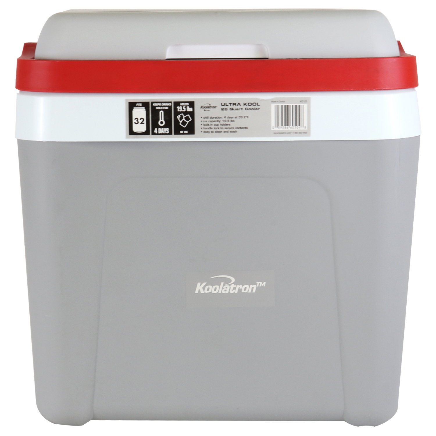 Koolatron Ice Chest Cooler w/ Locking Carry Handle, 25L, 32 Can Capacity Portable Picnic Cooler, Gray and Red, For Snacks, Lunch, Day Trips, Camping,