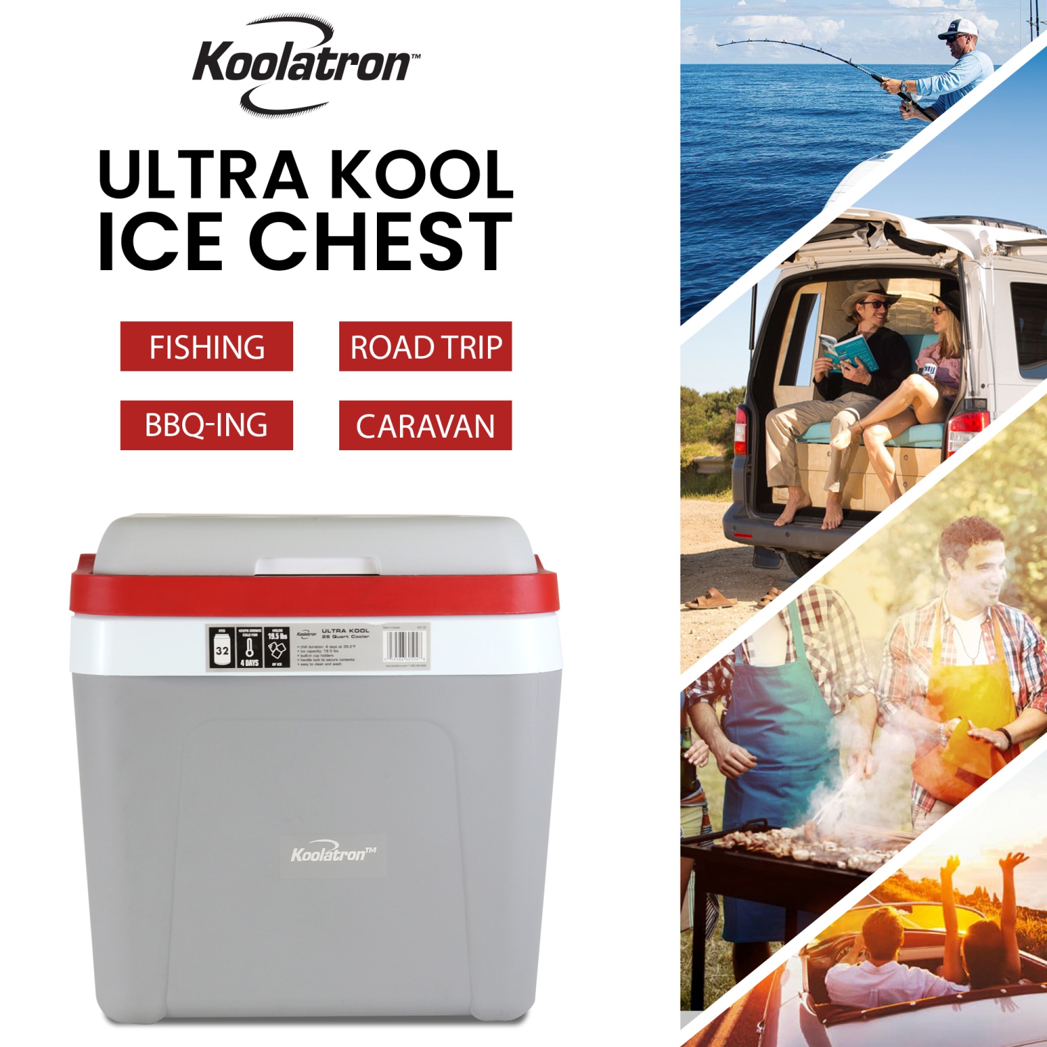Koolatron Ice Chest Cooler w/ Locking Carry Handle, 25L, 32 Can Capacity Portable Picnic Cooler, Gray and Red, For Snacks, Lunch, Day Trips, Camping,