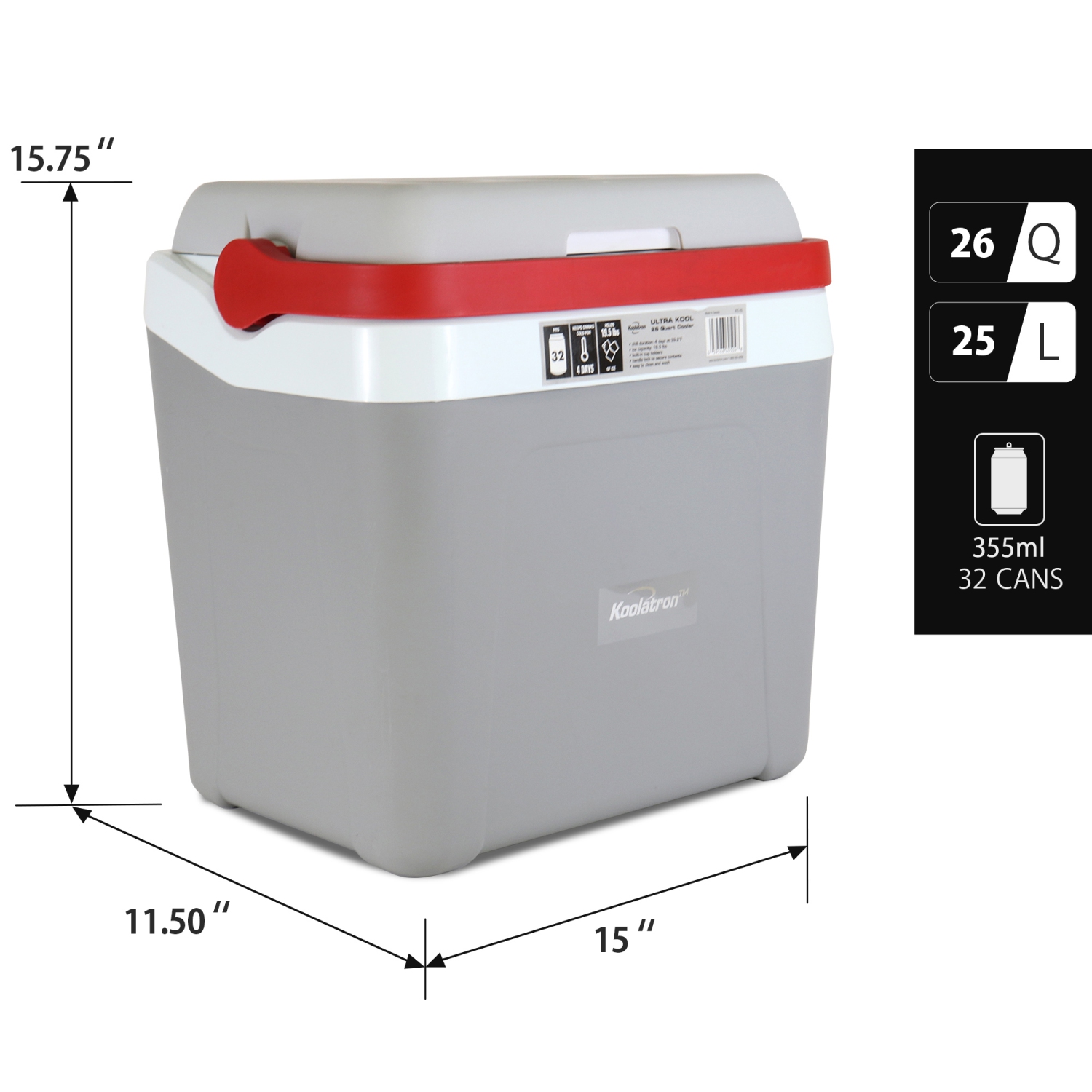 Koolatron Ice Chest Cooler w/ Locking Carry Handle, 25L, 32 Can Capacity Portable Picnic Cooler, Gray and Red, For Snacks, Lunch, Day Trips, Camping,