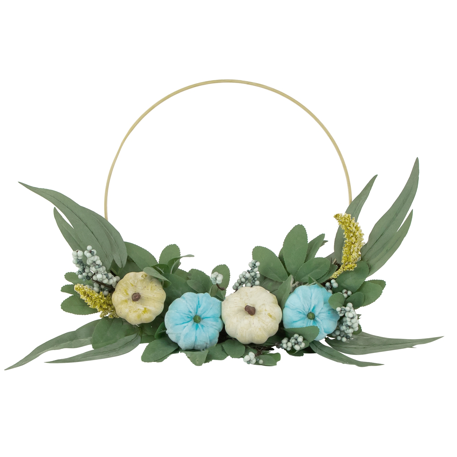 Blue Pumpkins and Foliage Fall Harvest Artificial Half Wreath, 20-Inch