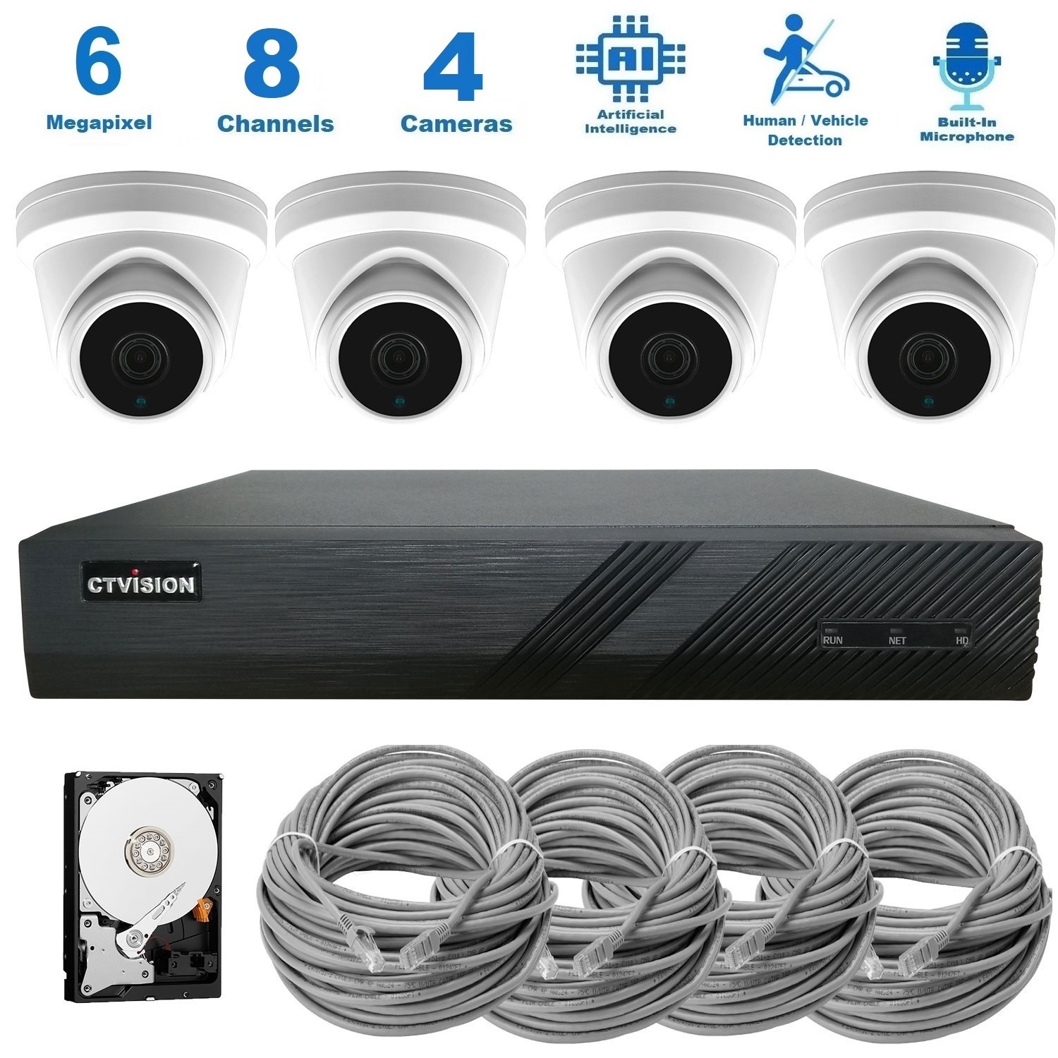 【Expandable】CTVISION 6MP Wired Audio Security Camera System, 4 Camera Surveillance Kit Outdoor DIY Audio 2TB HDD Included for Home Business Security Camera System