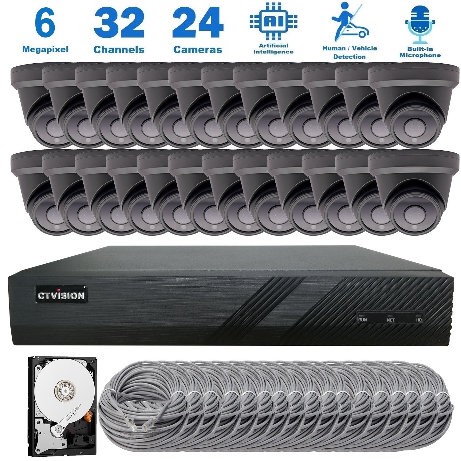【Expandable】CTVISION 6MP Wired Audio Security Camera System, 24 Camera Surveillance Kit Outdoor DIY Audio 8TB HDD Included for Home Business Security