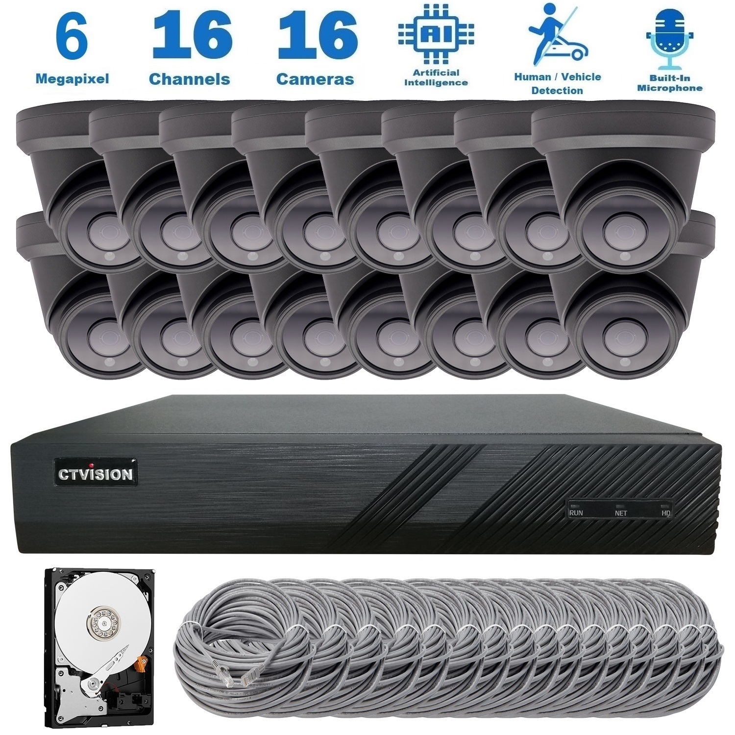 【Expandable】CTVISION 6MP Wired Audio Security Camera System, 16 Camera Surveillance Kit Outdoor DIY Audio 4TB HDD Included for Home Business Security
