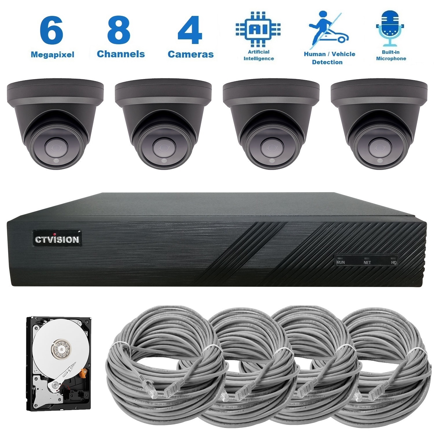 【Expandable】CTVISION 6MP Wired Audio Security Camera System, 4 Camera Surveillance Kit Outdoor DIY Audio 2TB HDD Included for Home Business Security