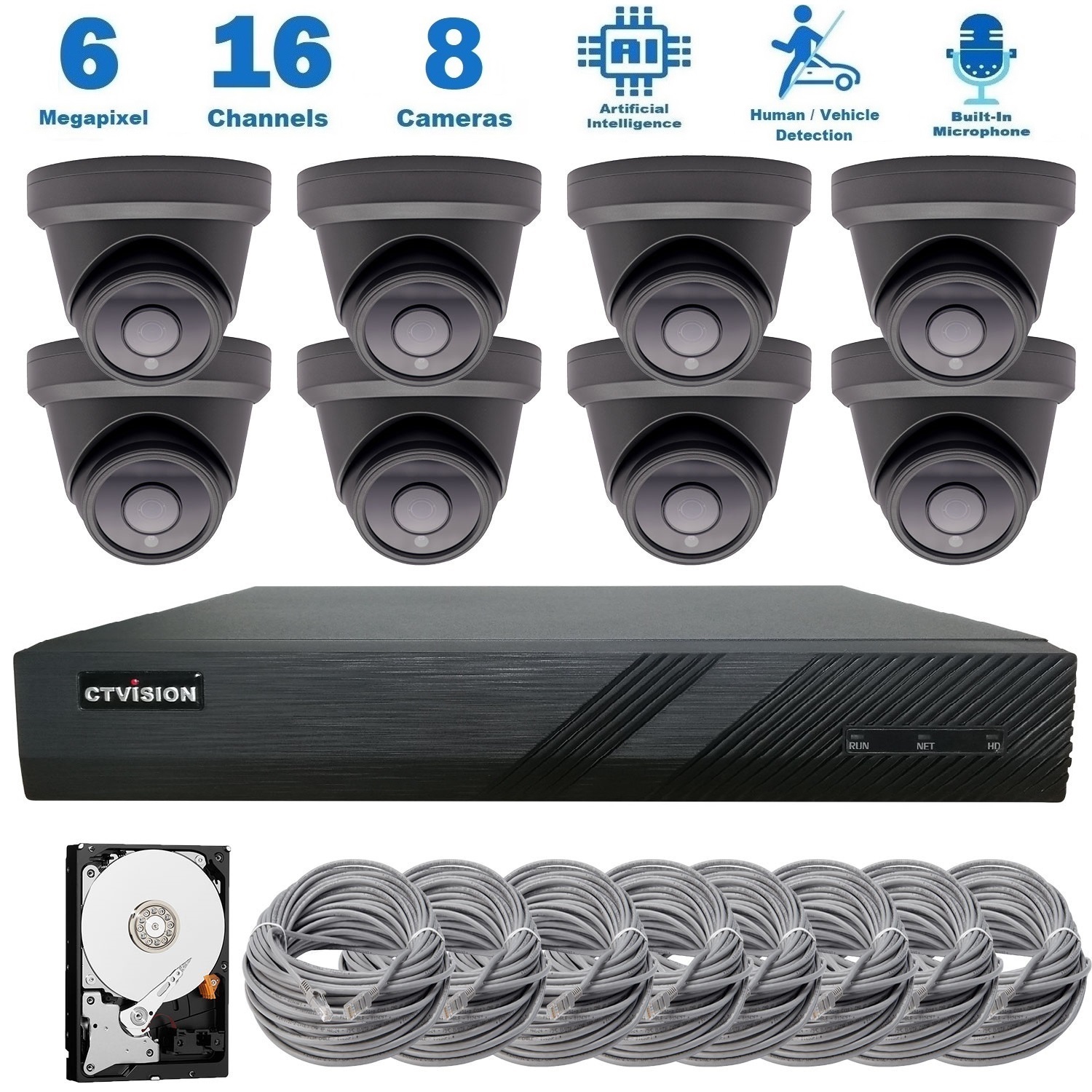 【Expandable】CTVISION 6MP Wired Audio Security Camera System, 4 Camera Surveillance Kit Outdoor DIY Audio 2TB HDD Included for Home Business Security