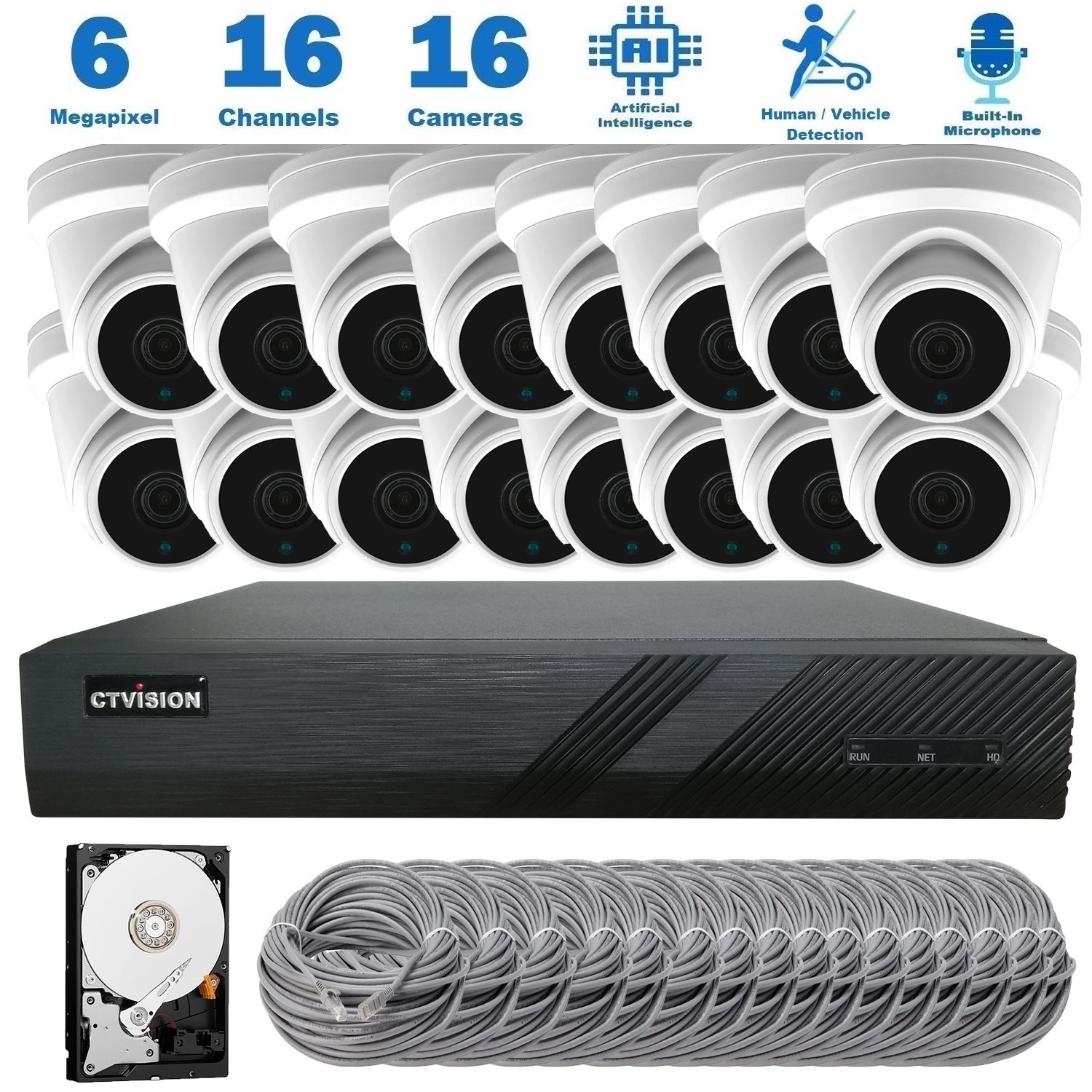 【Expandable】CTVISION 6MP Wired Audio Security Camera System, 16 Camera Surveillance Kit Outdoor DIY Audio 4TB HDD Included for Home Business Security Camera System