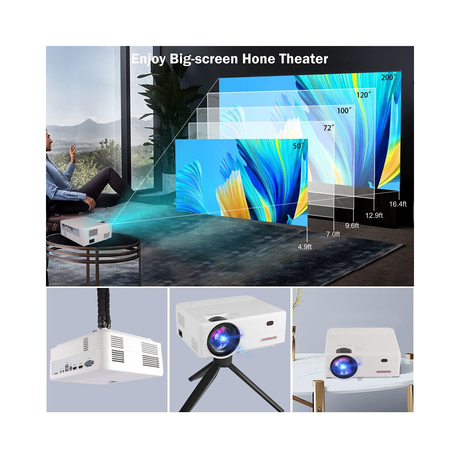 Native 1080P Projector, WiFi Projector, OSEVEN 8000Lumen Portable Movie Projector 4K Projector, Compatible with Smartphone, TV Stick, HDMI, USB,