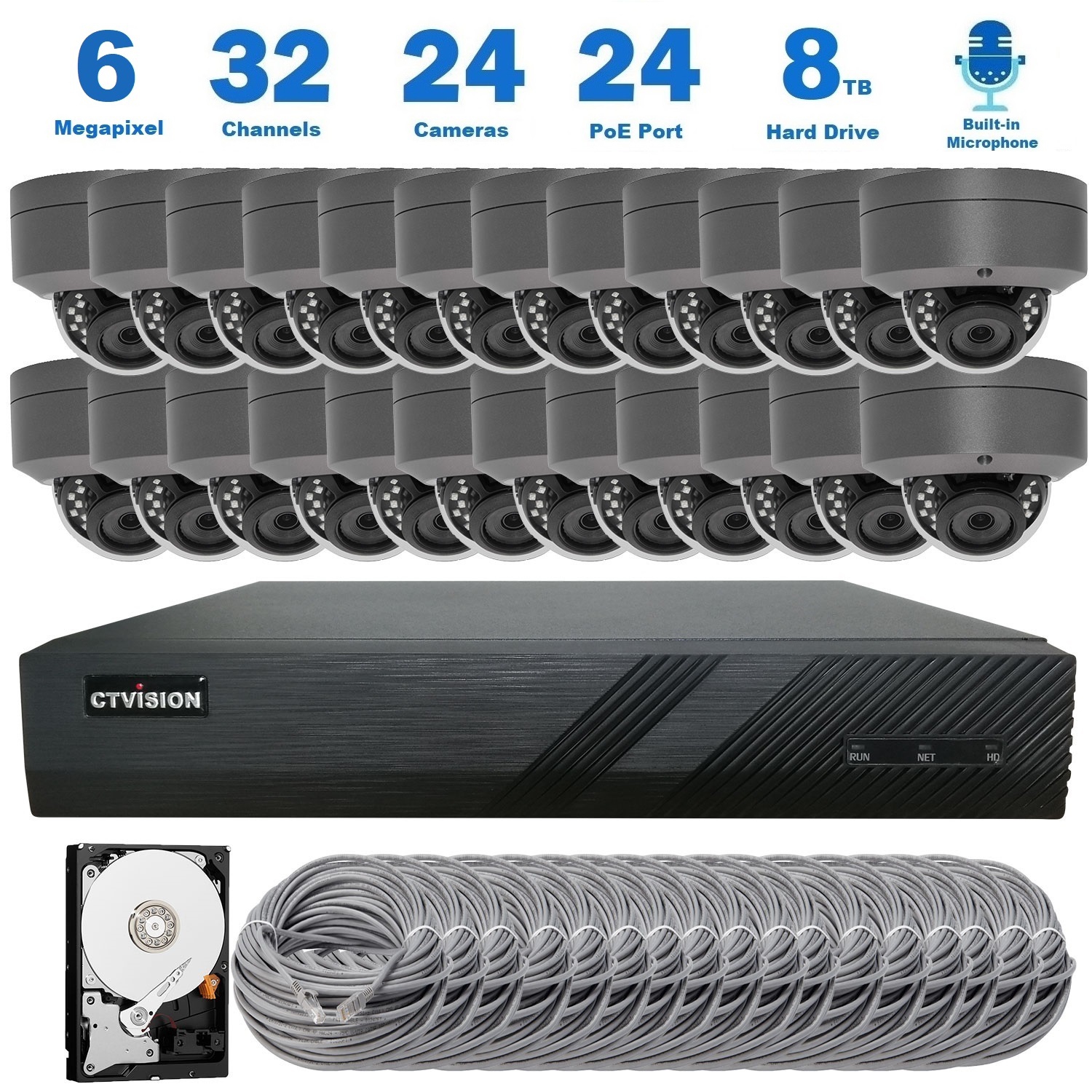 【Expandable】CTVISION 6MP Wired Audio Security Camera System, 24 Camera Surveillance Kit Indoor Outdoor DIY Audio 8TB HDD Included for Home Business Security Camera System