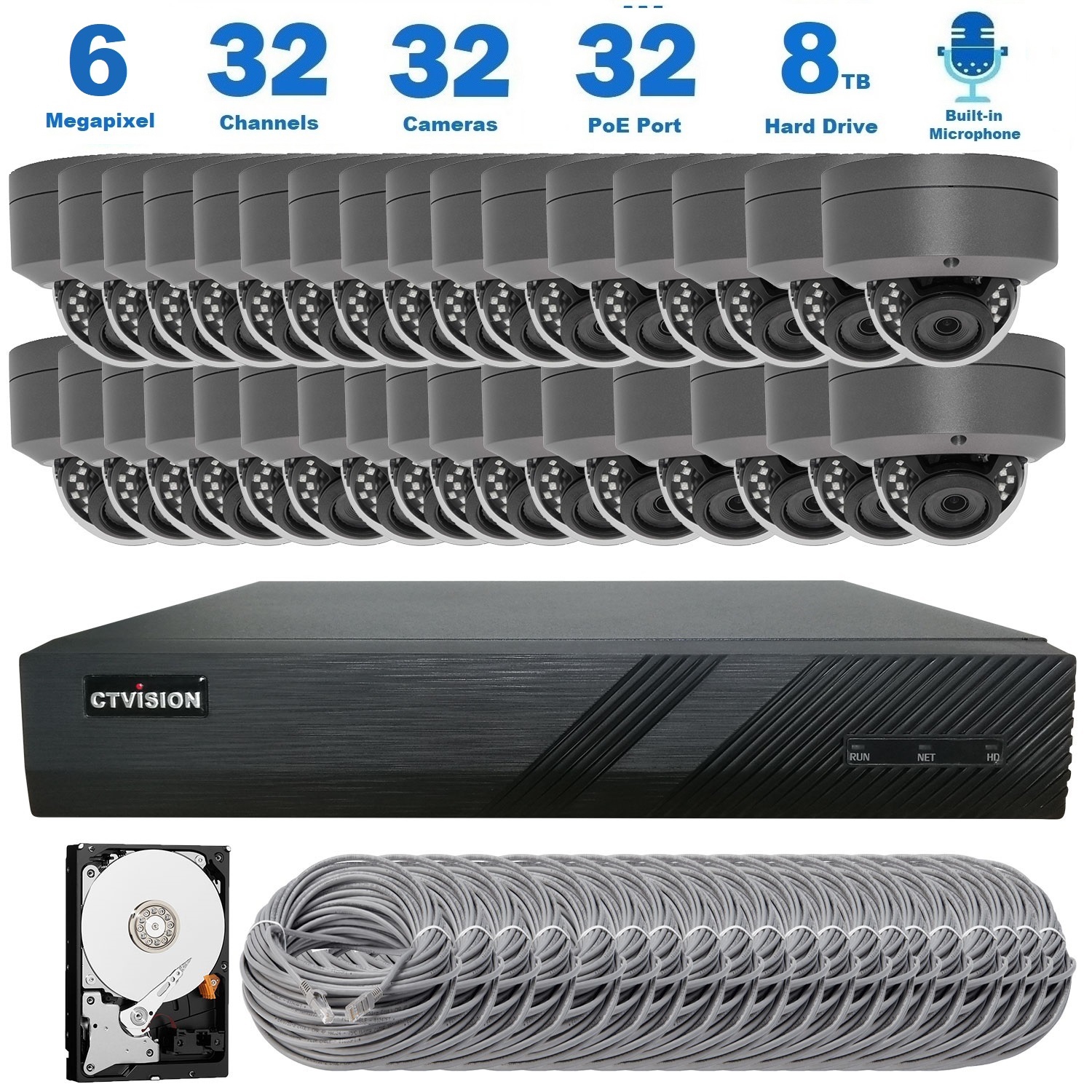 【Expandable】CTVISION 6MP Wired Audio Security Camera System, 32 Camera Surveillance Kit Indoor Outdoor DIY Audio 8TB HDD Included for Home Business